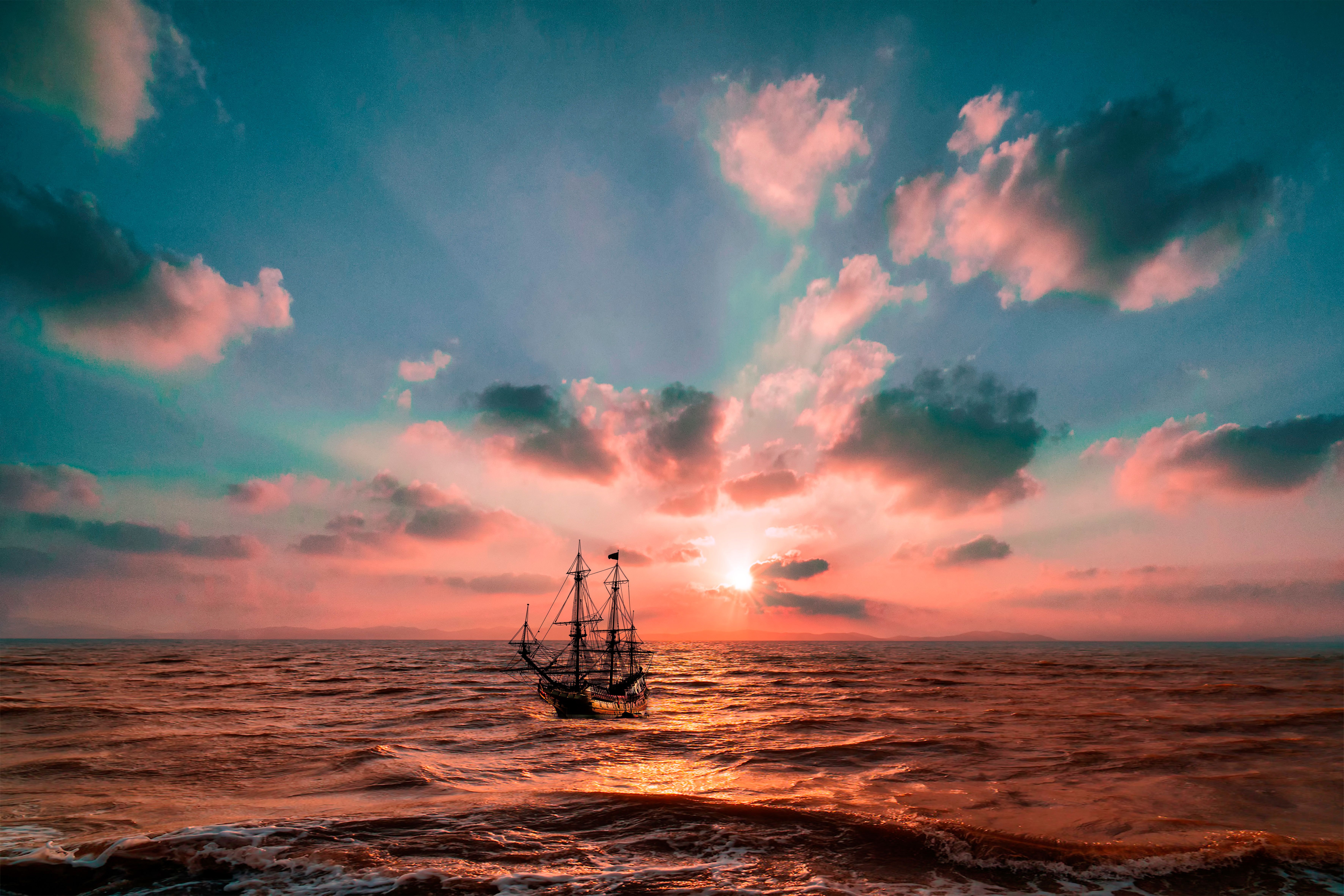 7087x4724 Sunset Wallpaper 4K, Ocean, Boat, Seascape, Dusk