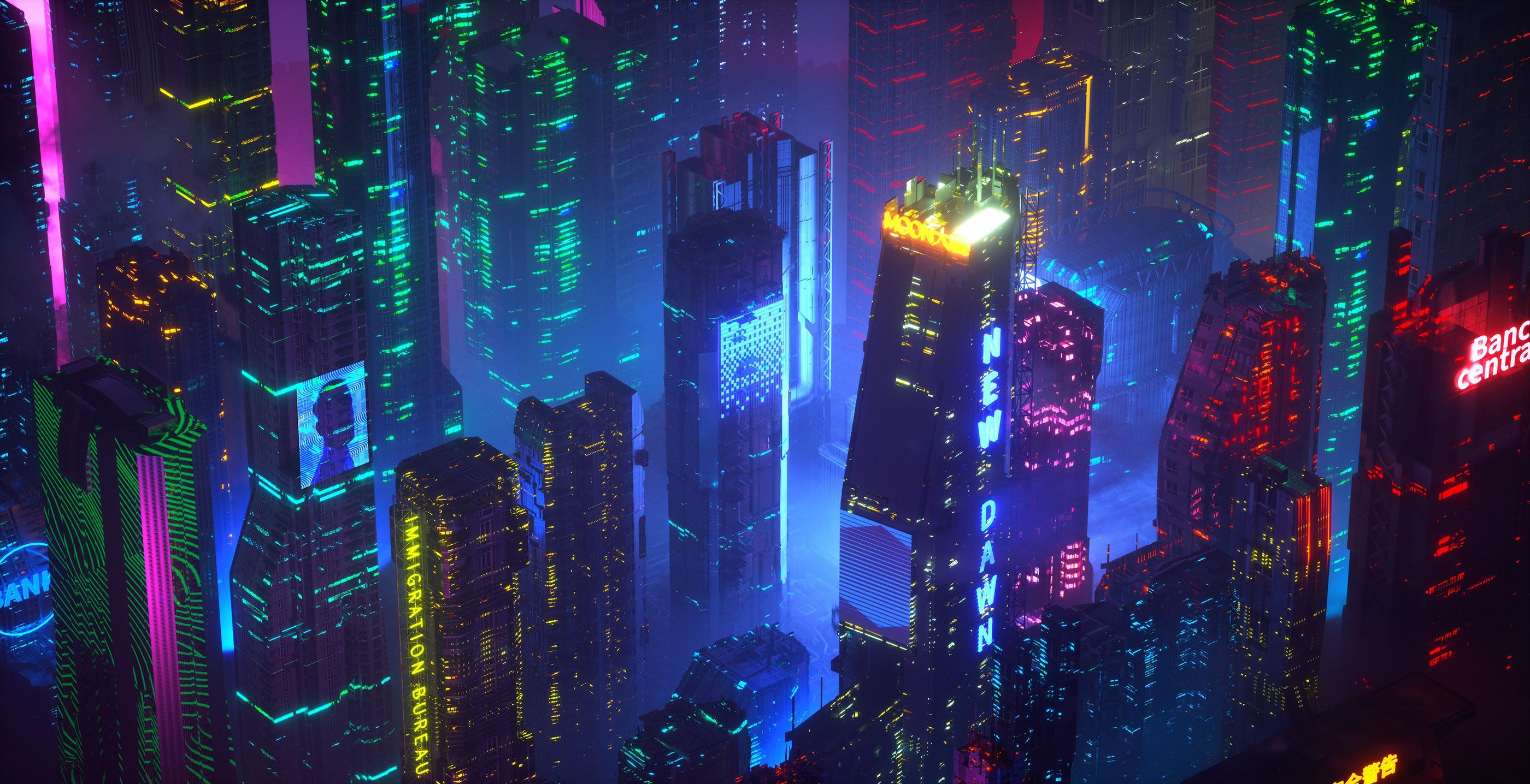 2800x1436 cityscape, digital art, neon, cyberpunk