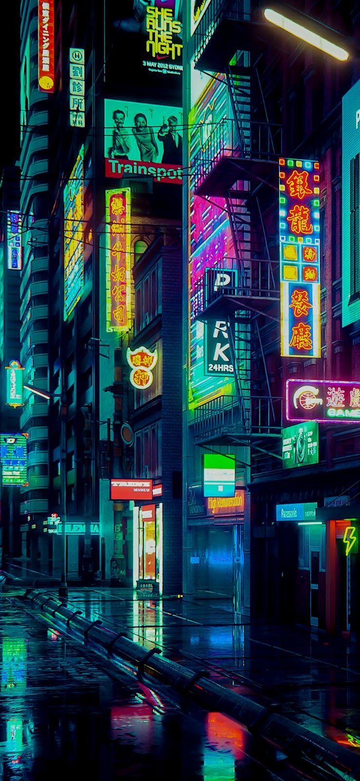 738x1600 Neon Lit Street In The Rain