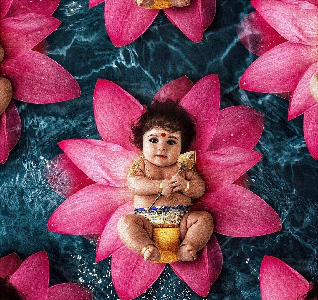 1080x1020 Download Divine Baby Murugan Resting on a Pink Flower Wallpaper