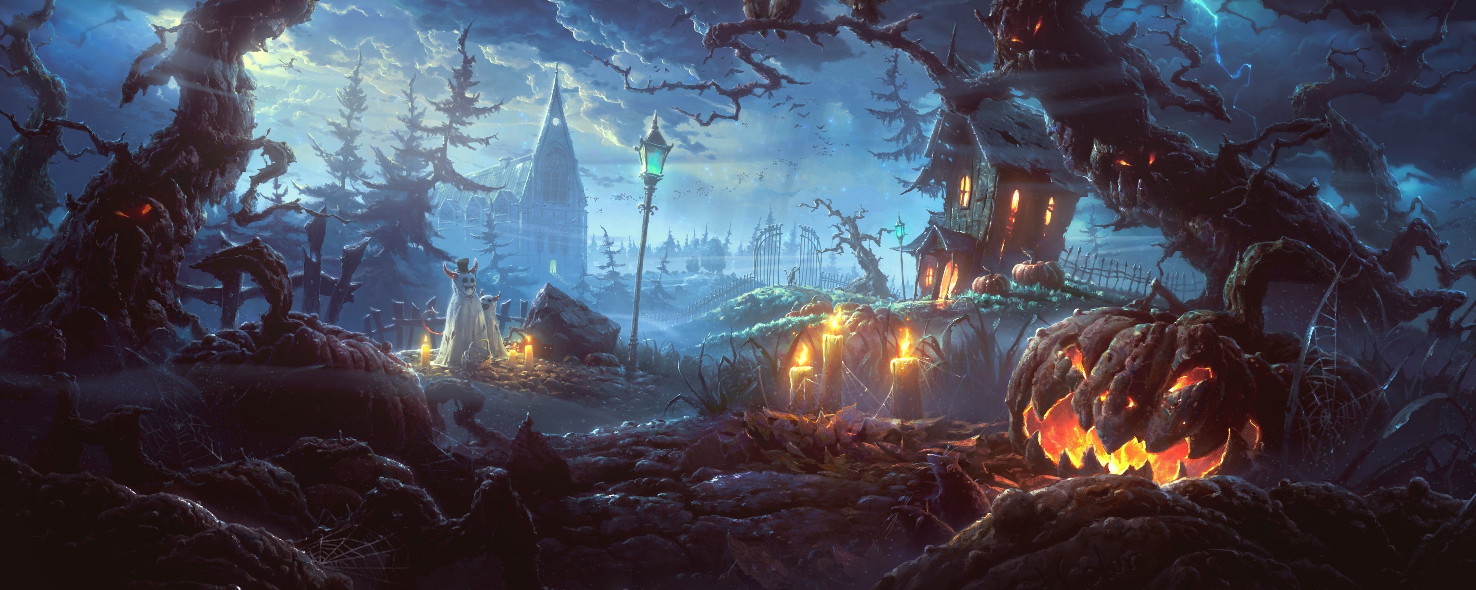 5120x2048 Halloween Dual Screen Wallpaper