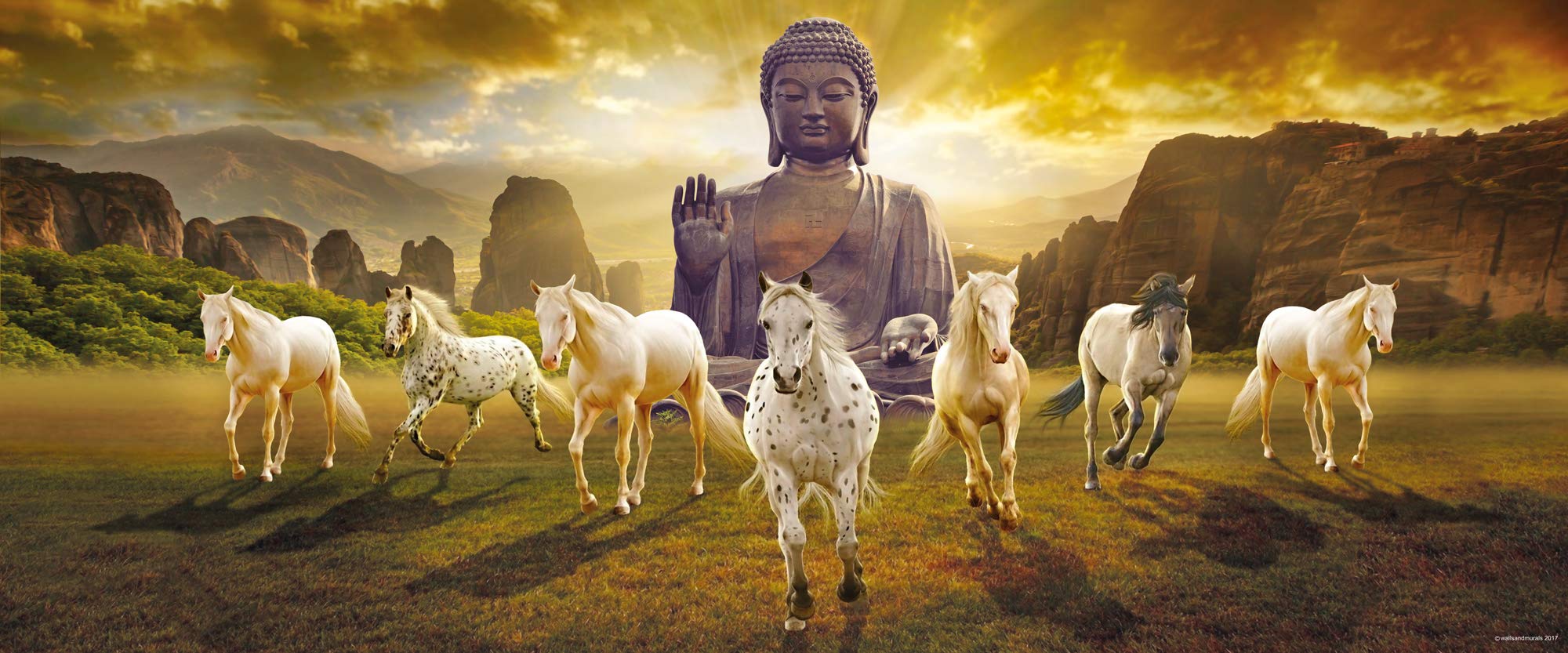 2000x833 Running Horses Vastu Wall Poster Large