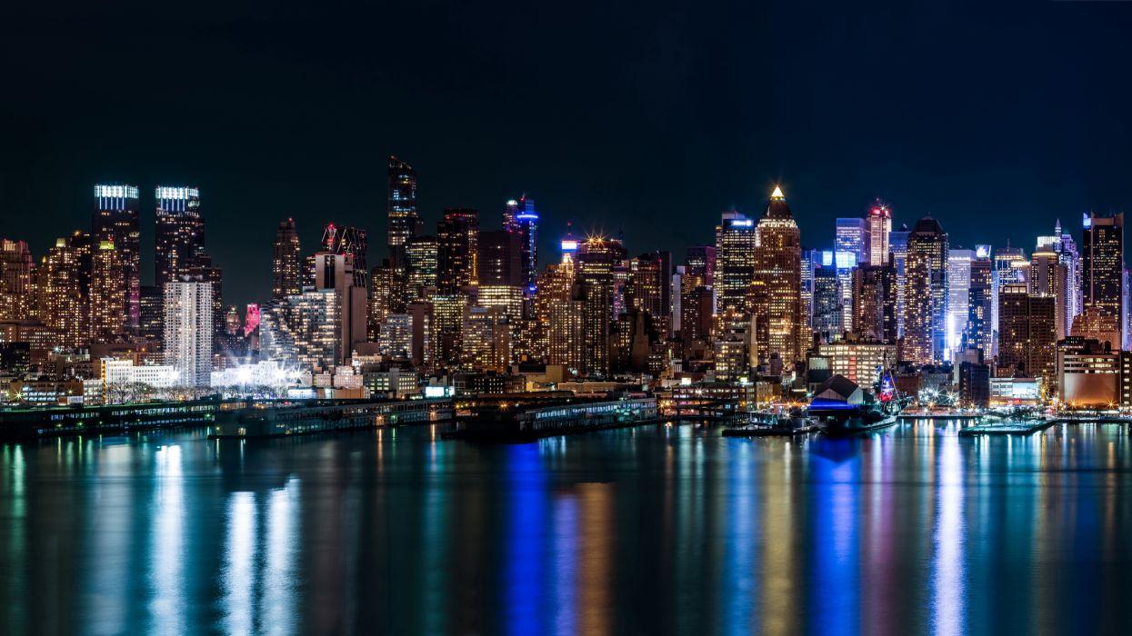 1245x700 USA Skyscrapers Rivers New York City Night Cities wallpaper
