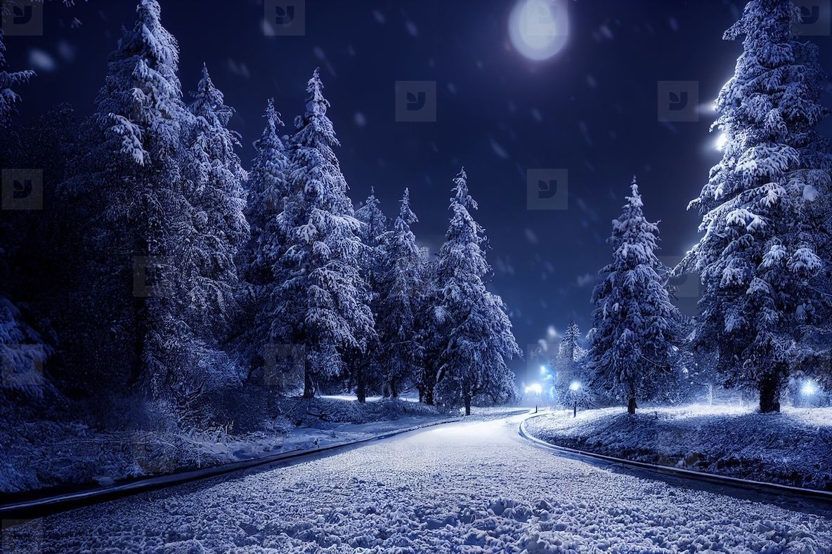 1184x789 Landscape of snow storm winter background at night, digital art design Photo