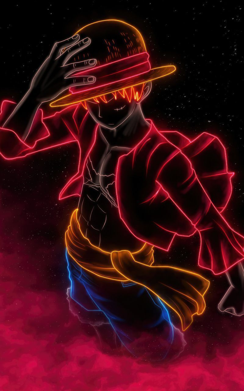 800x1280 monkey d. luffy, neon line art