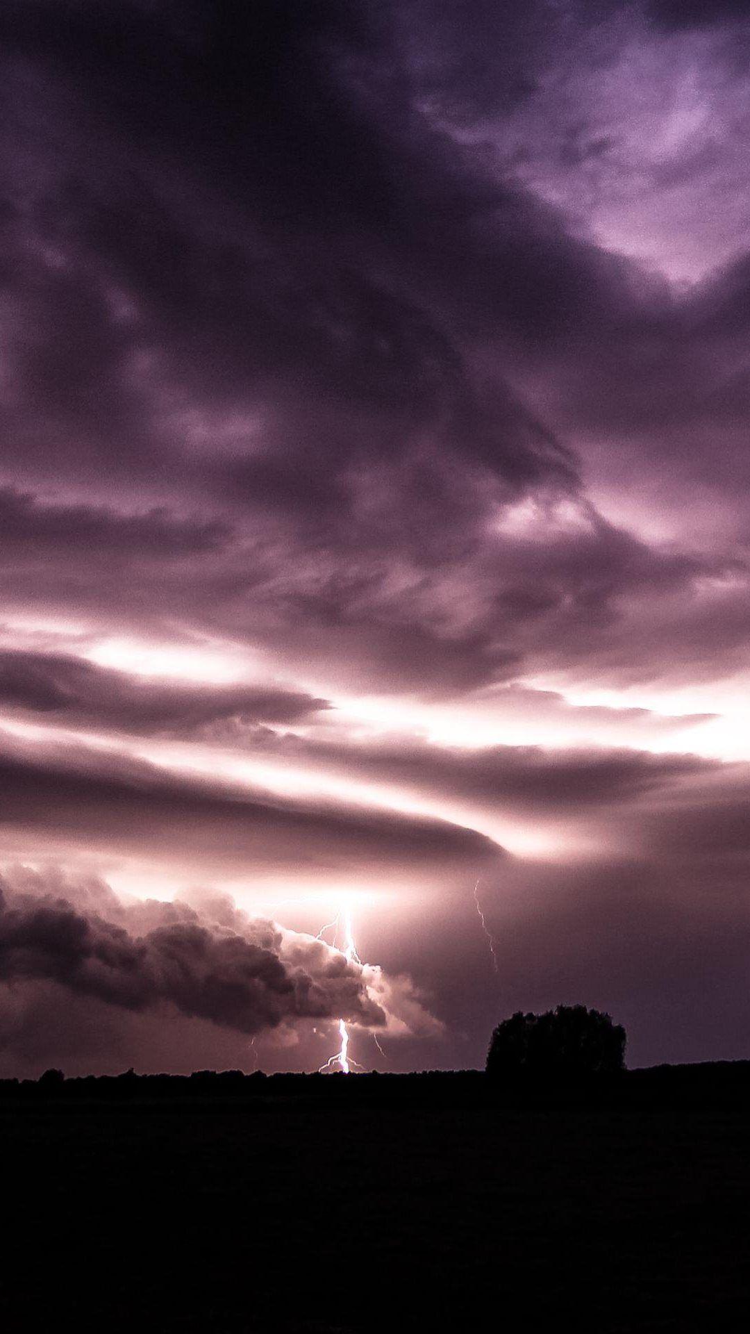 1080x1920 Purple Clouds Lightning Over Field #iPhone #plus