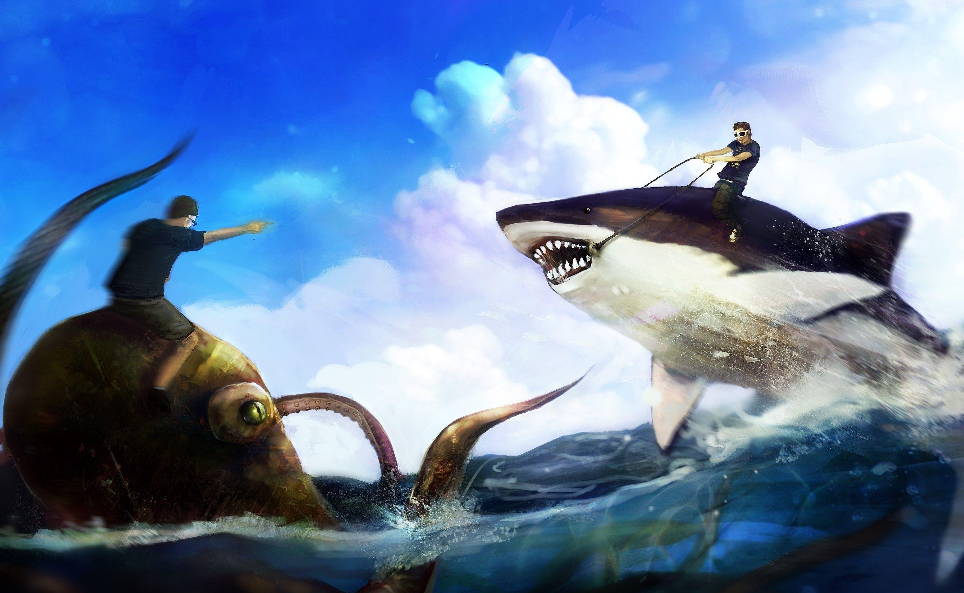 3645x2243 humor funny sharks artwork 3645x2243 wallpaper High Quality
