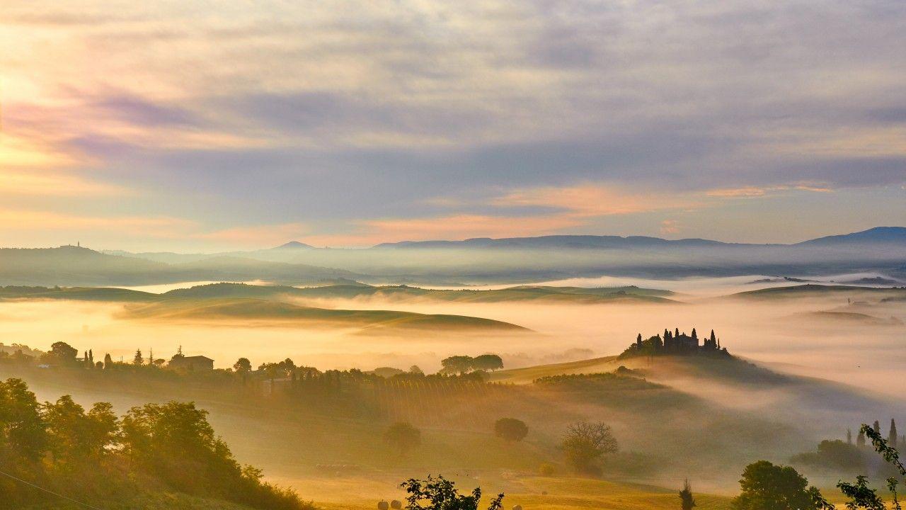 1280x720 Wallpaper Tuscany, Rolling hills, Fog, Golden morning, Italy, 4K