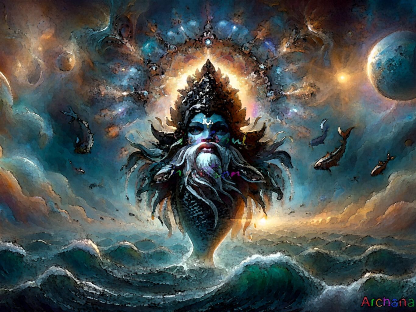 1366x1024 Lord Vishnu's Majestic Matsya Avatar