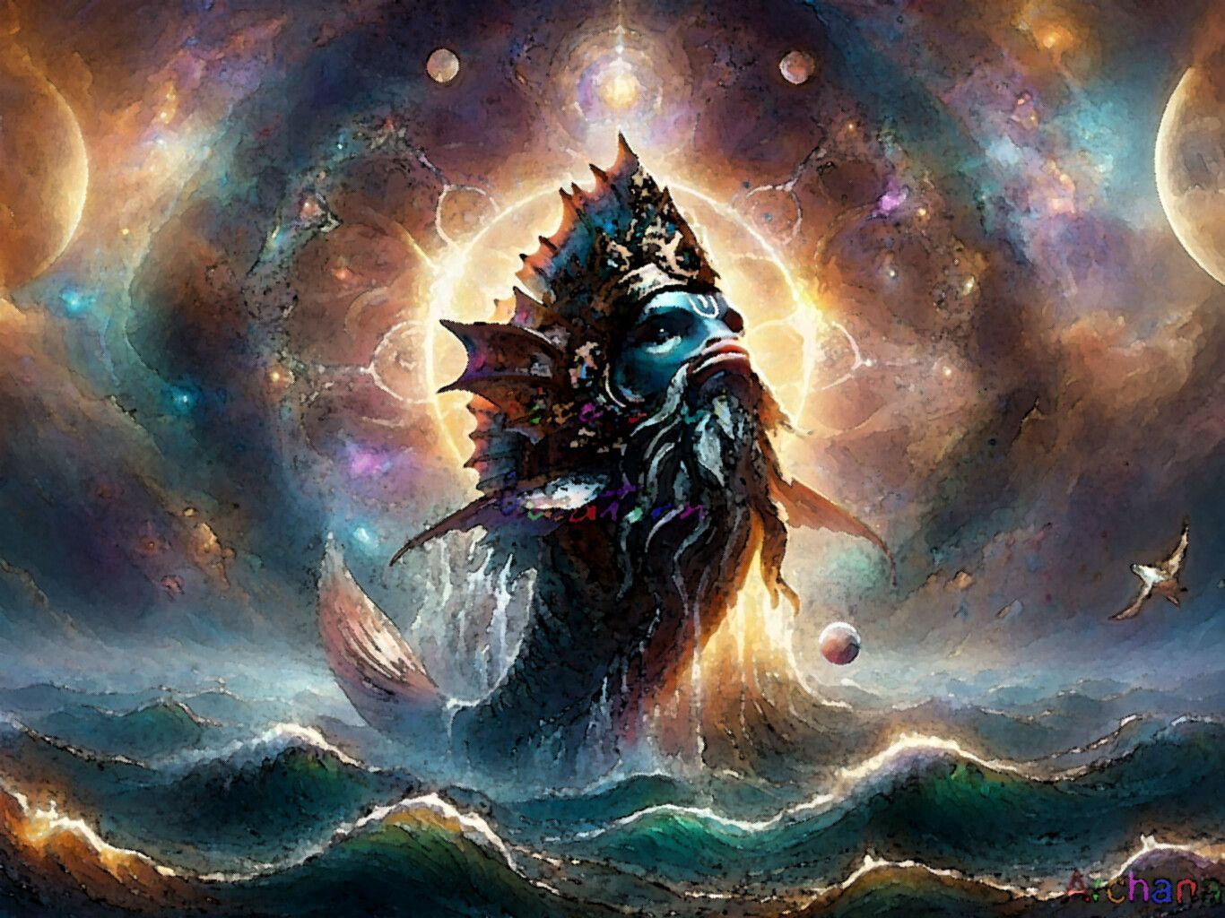 1366x1024 Lord Vishnu's Majestic Matsya Avatar