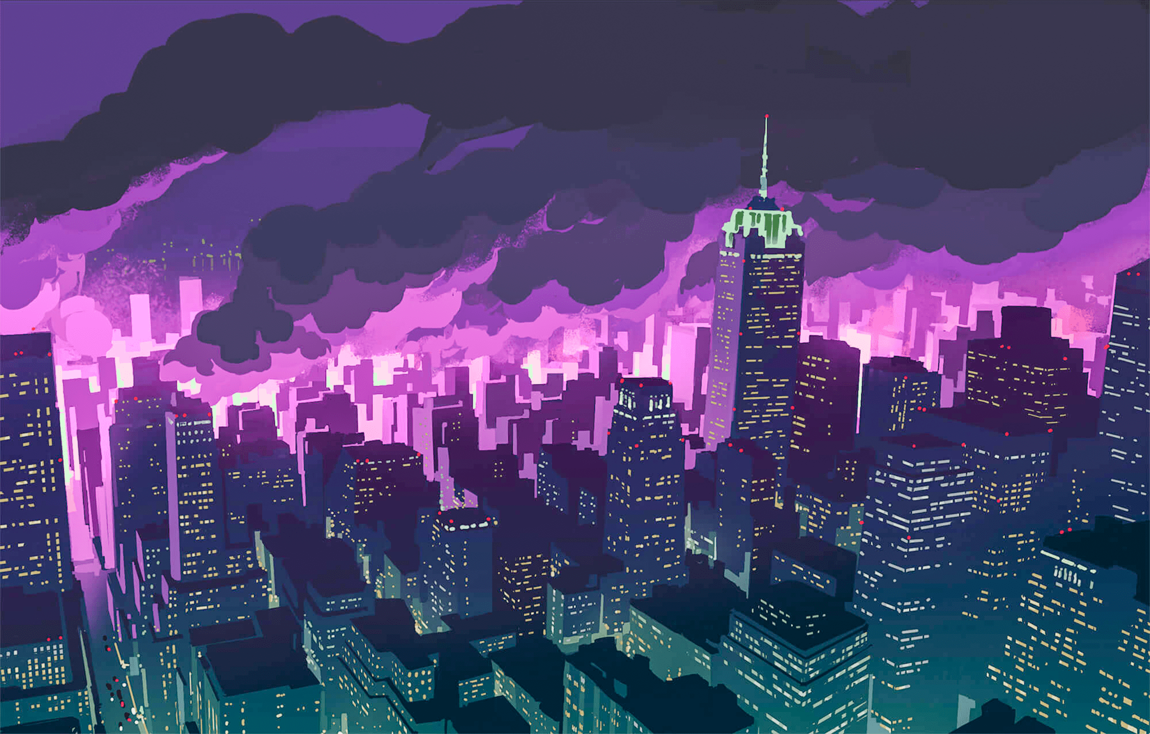 3D CGI rendered illustration. Retro anime inspired dark city at night  skyline with buildings, skyscrapers and digital pink neon sky. Stock  Illustration | Adobe Stock