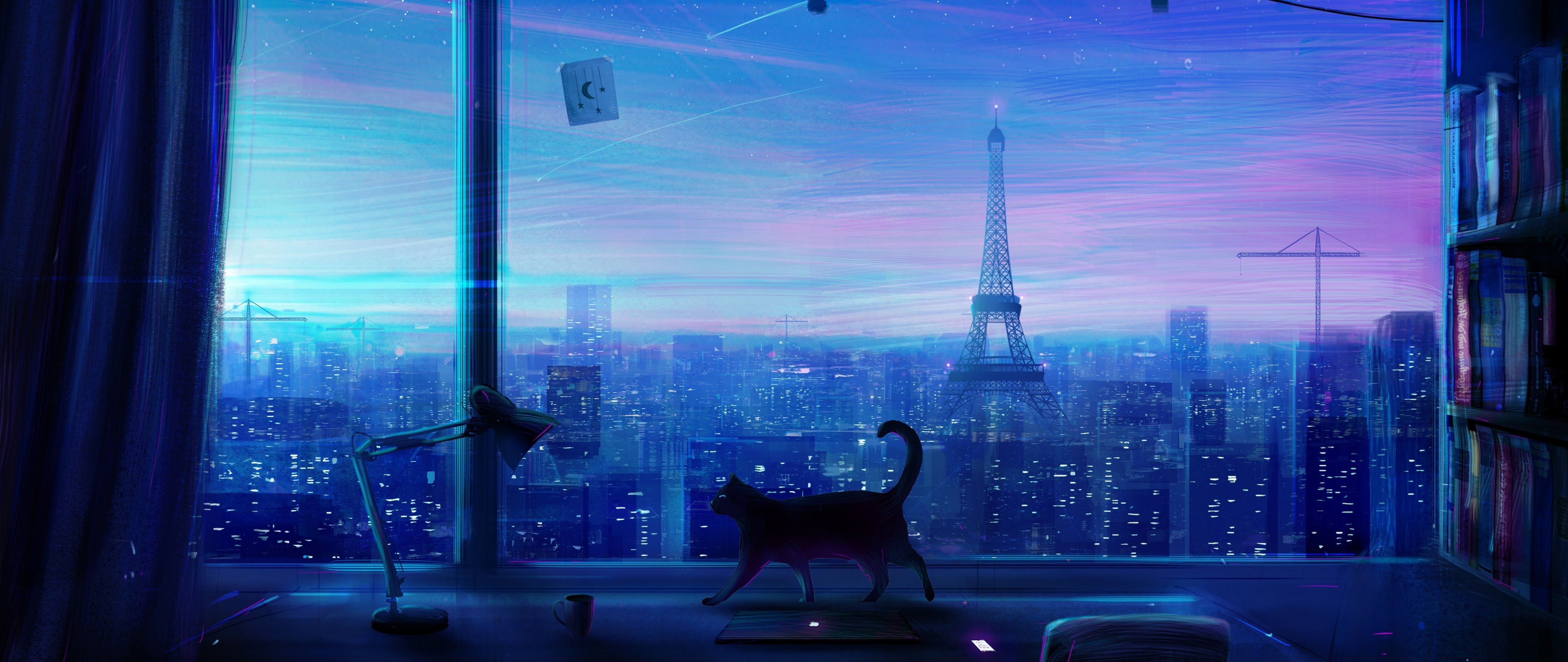 5120x2160 Cat City Night Scenery Anime 4K
