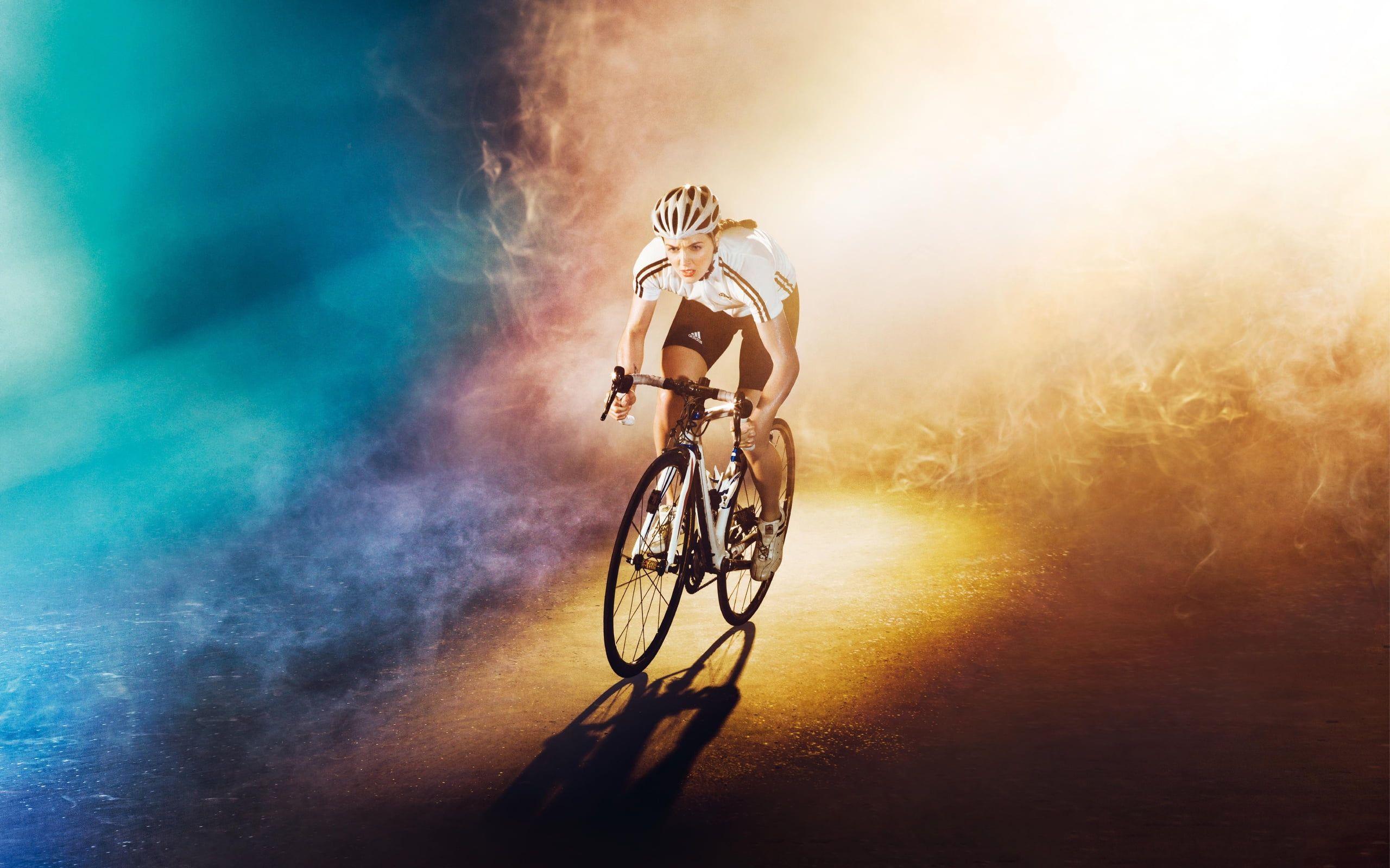 2560x1600 Photo of woman in white riding road bike HD wallpaper