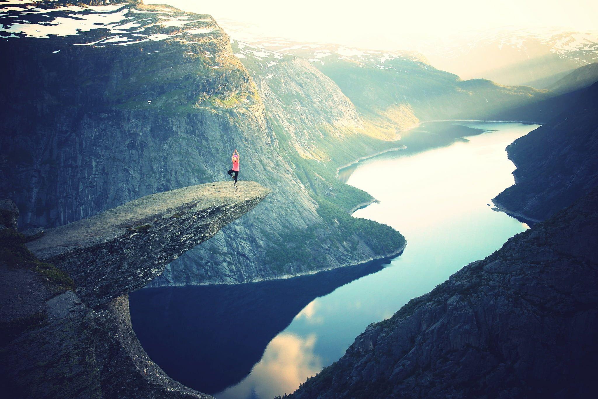 2048x1365 Photography of person doing yoga pose near the cliff HD