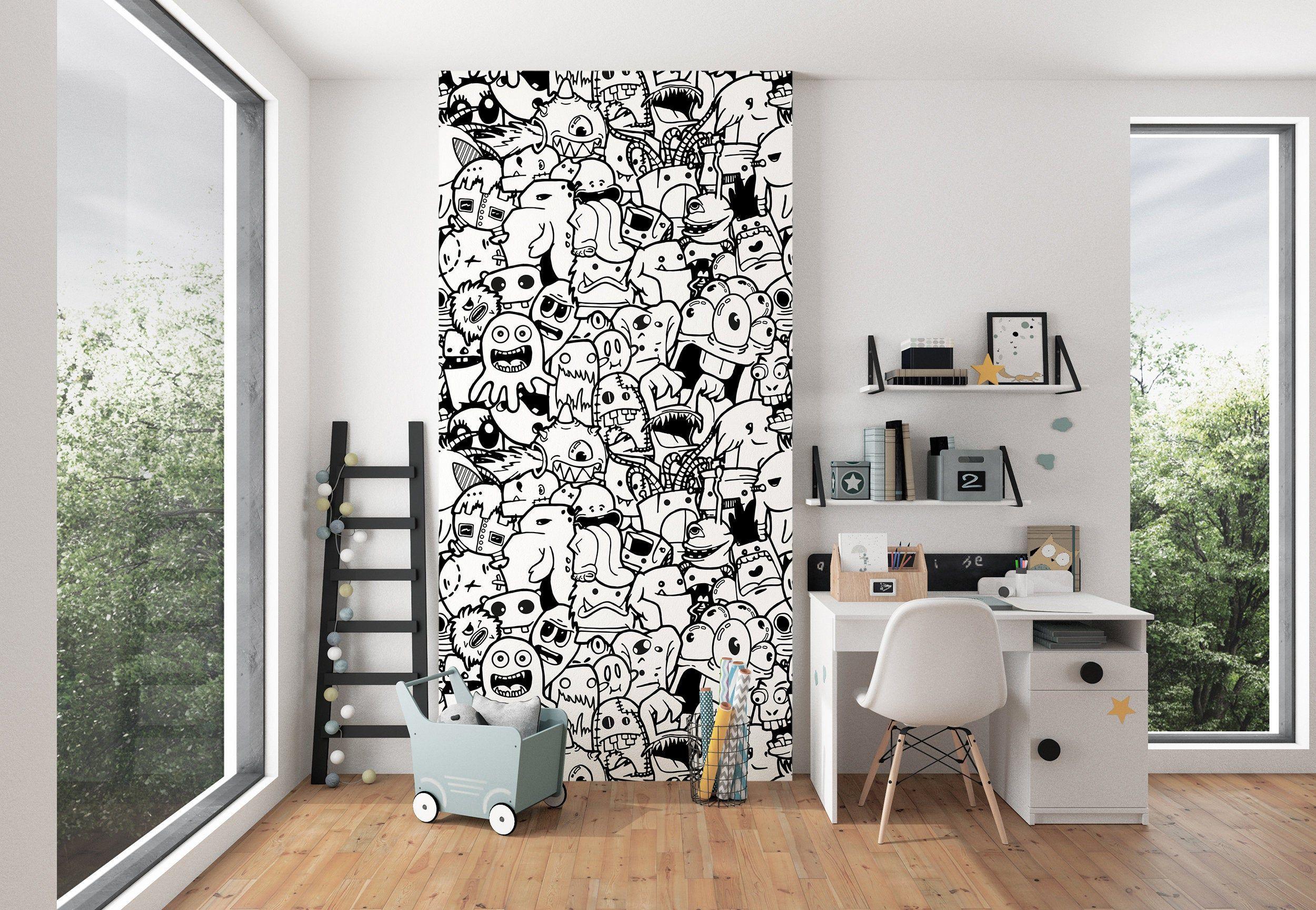 2500x1729 kids room doodles wallpaper, nursery wall murals, black white wallpaper, modern home decor wallpaper, coloring wallpaper, no lazy wallpaper