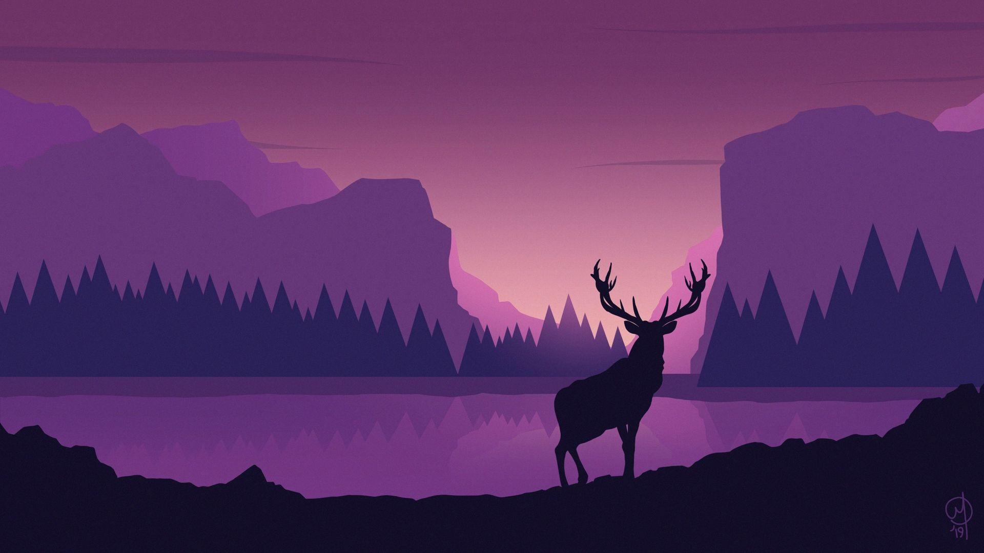 1920x1080 Download wallpaper 1920x1080 deer, art, vector, mountains