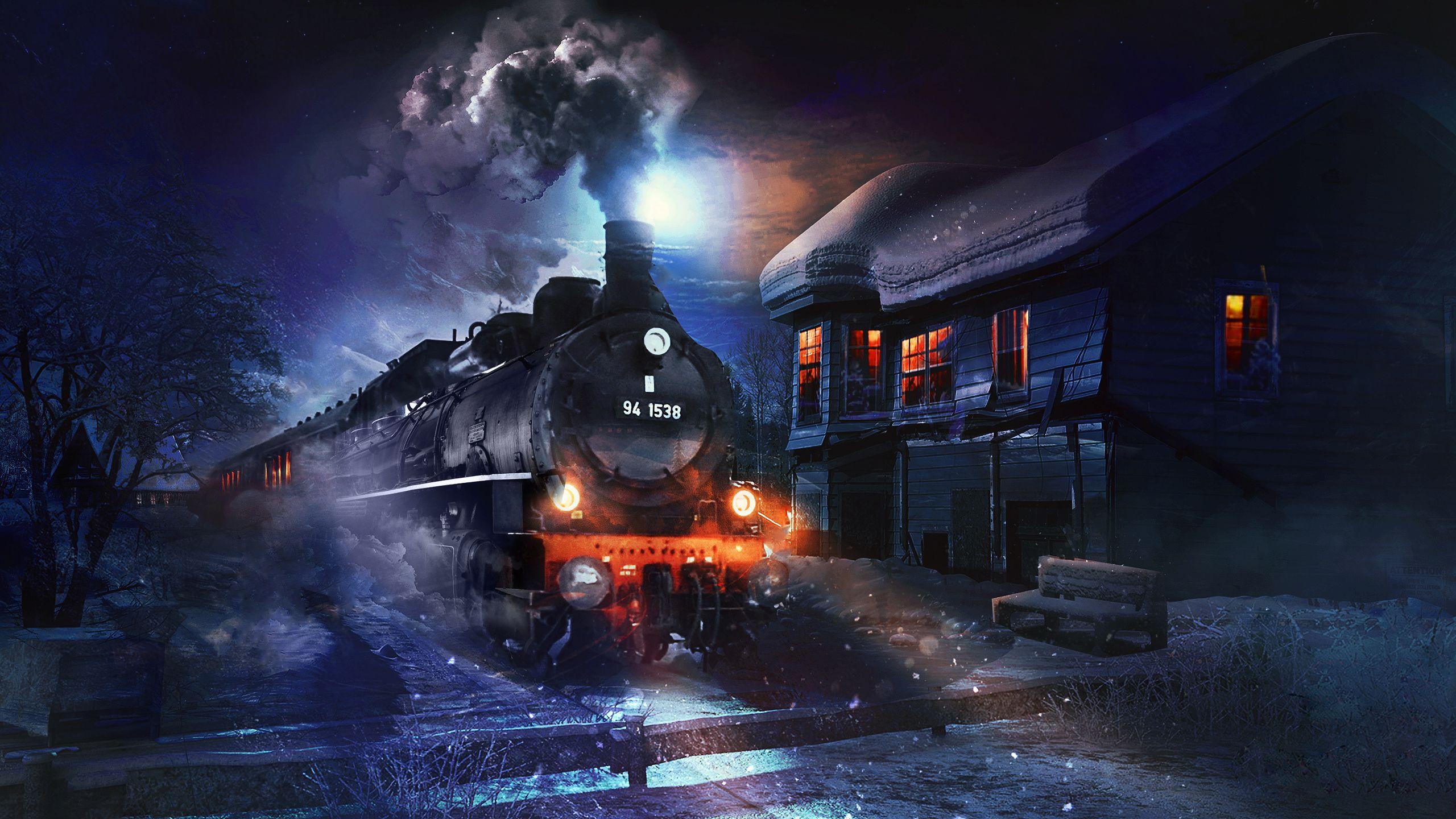 2560x1440 Wallpaper Steam train, Steam locomotive, Night time, HD, Creative