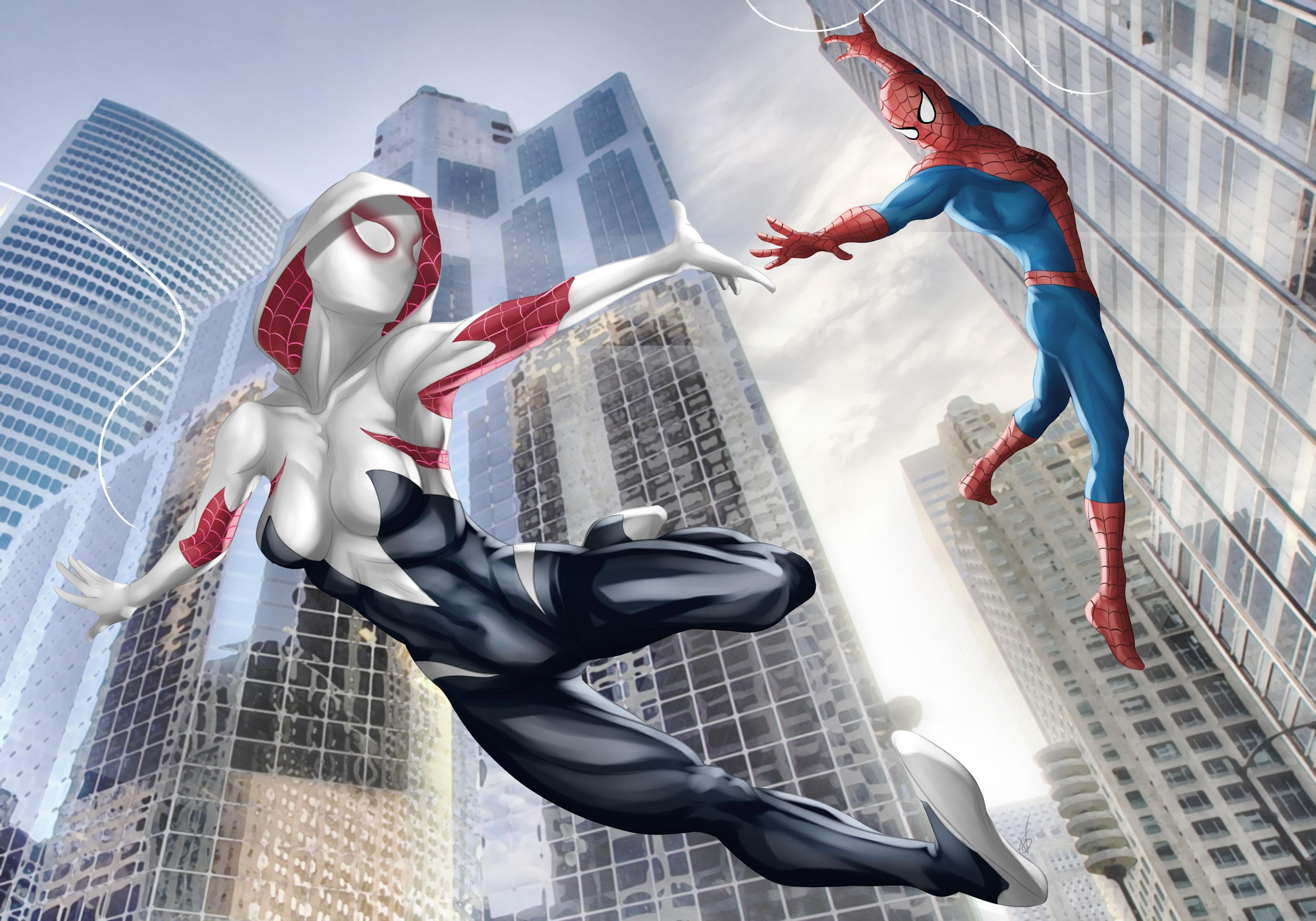 2927x2049 Spider Gwen & Spider Man Swinging High. Into The Spider Verse HD Wallpaperx2049