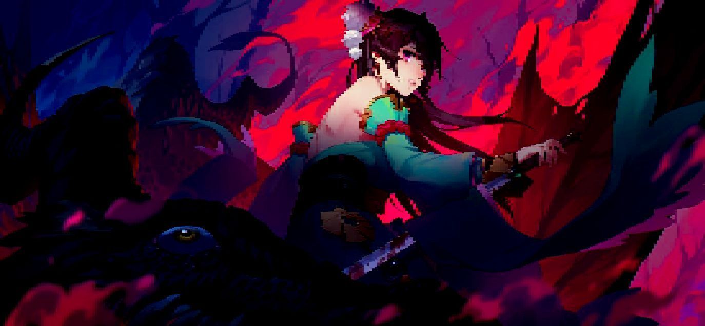 1374x636 Anime Girl Evil Vibe Sword Pixel Art