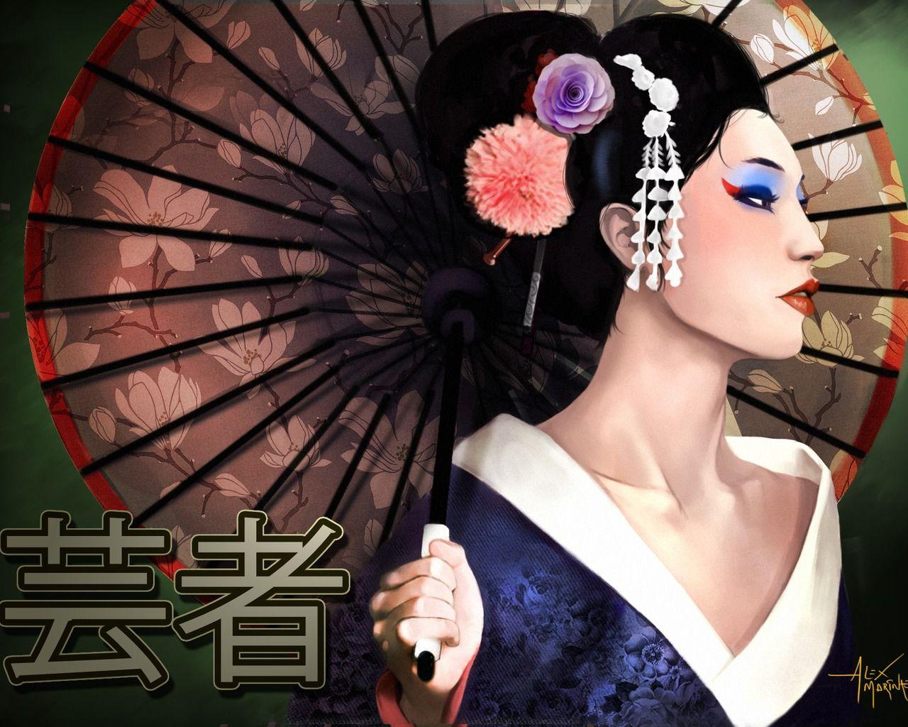 1280x1024 Geisha Girl with Umbrella Wallpaper. Geisha girl, Geisha, Umbrella art