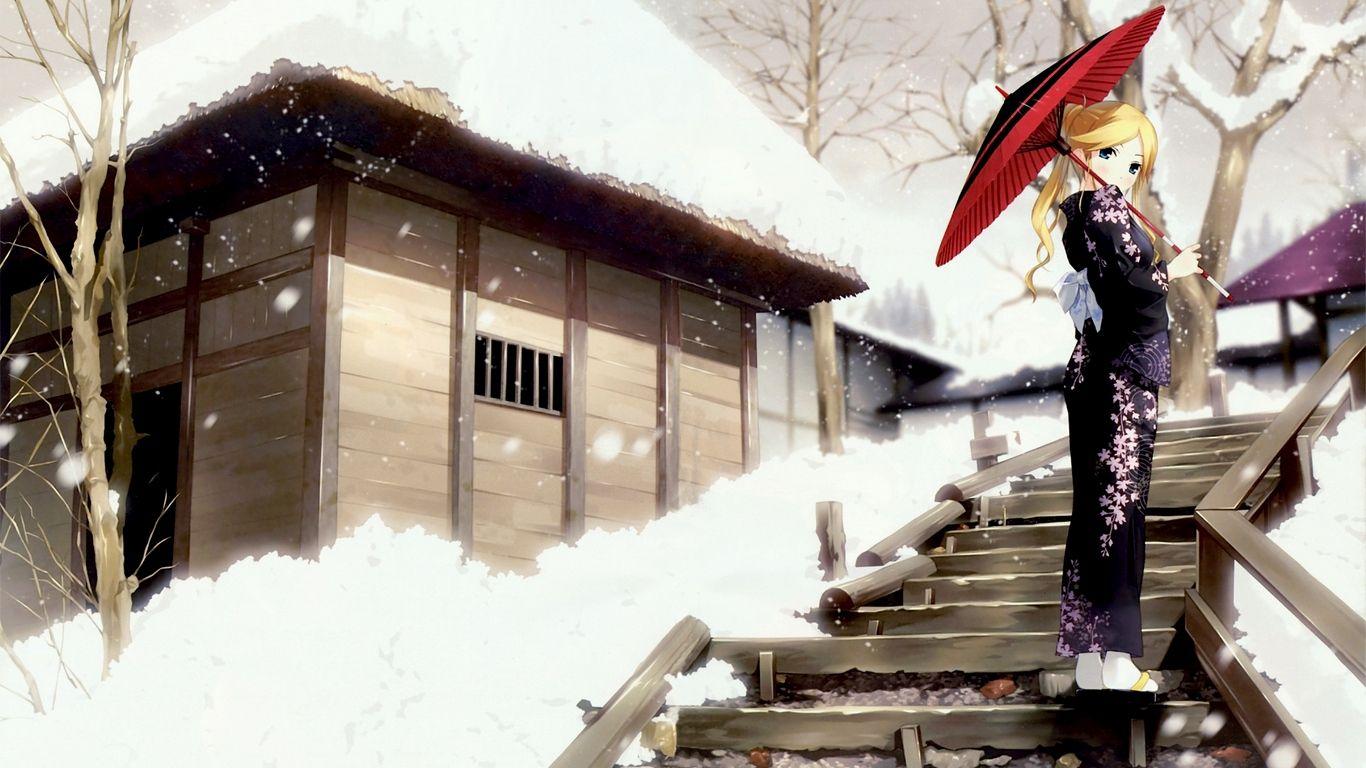 1366x768 Download wallpaper 1366x768 anime, geisha, kimono, winter, walk