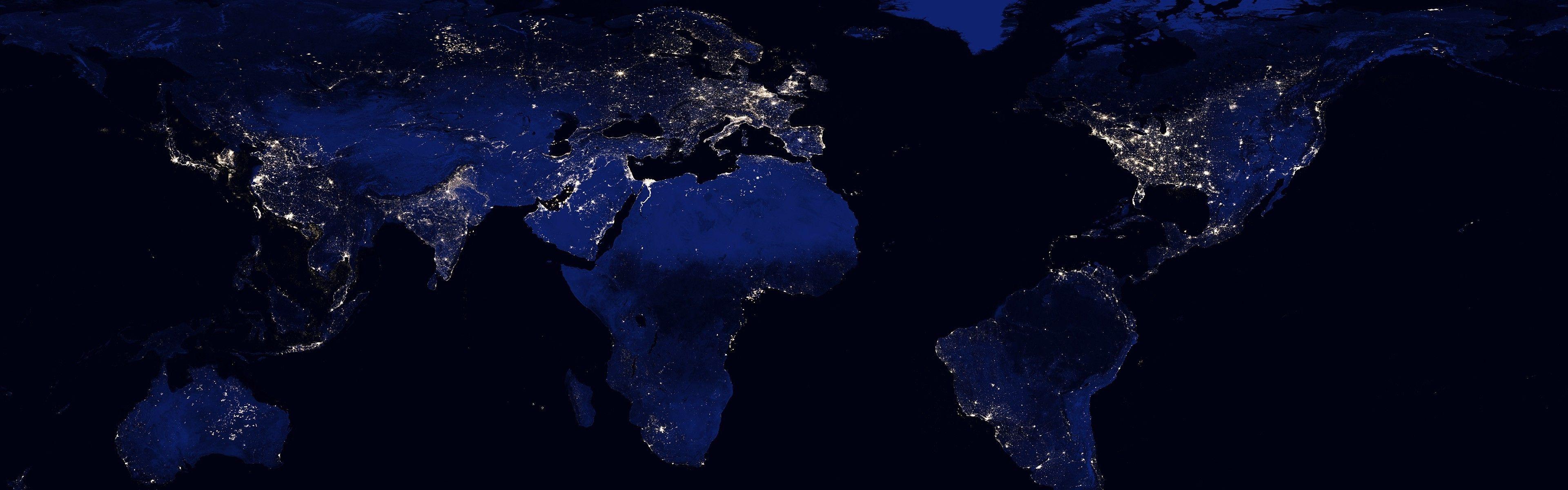 3840x1200 earth night space continents lights multiple display