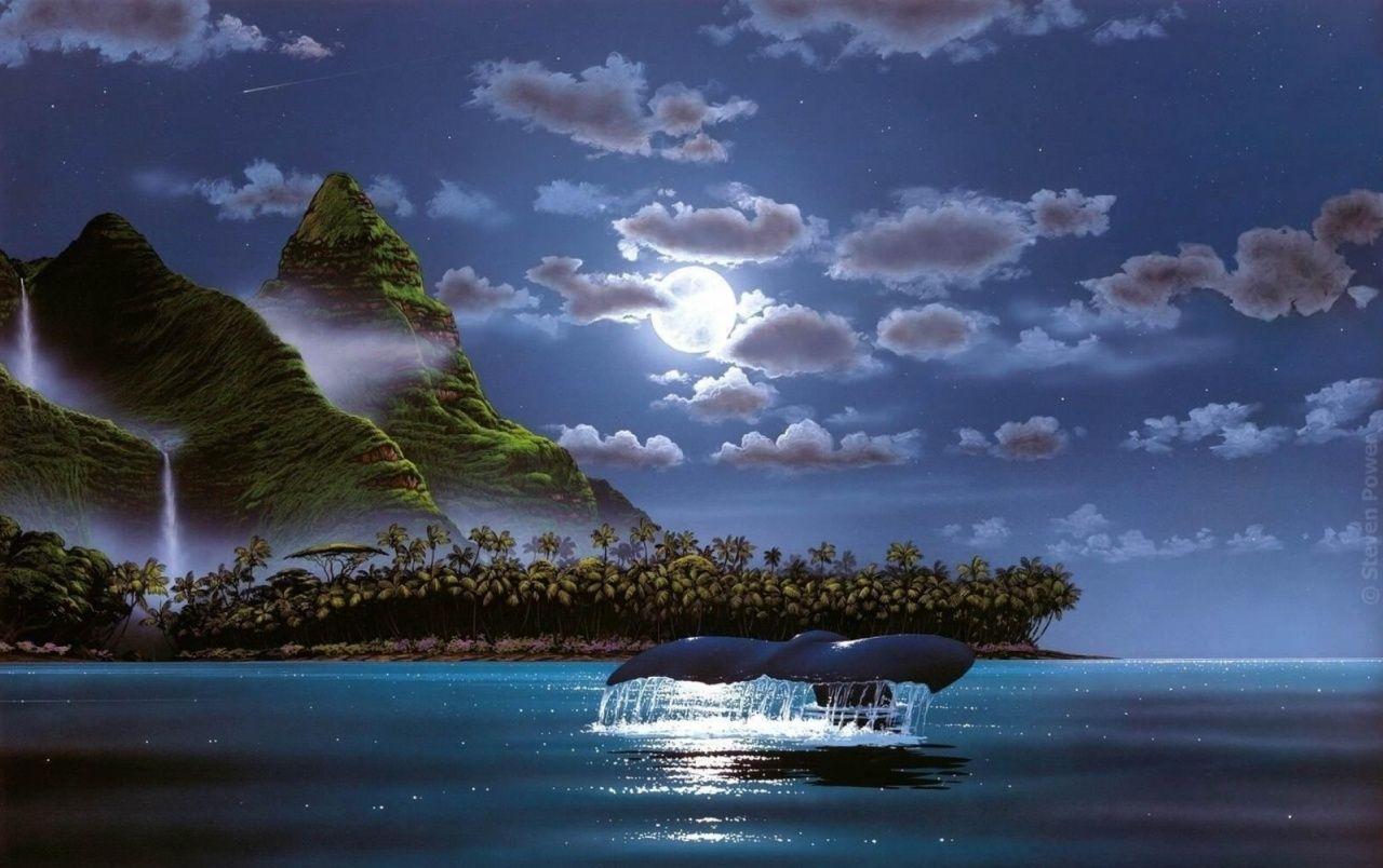 1280x804 Island Palms Ocean Night Whale wallpaper. Island Palms