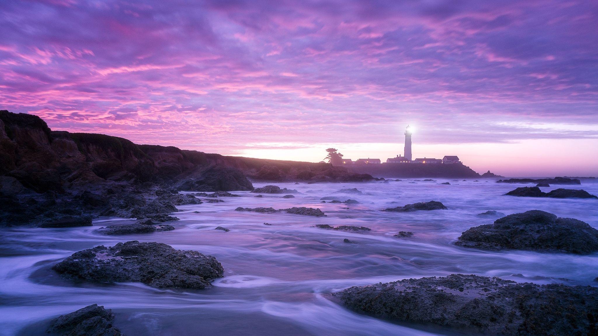 2048x1152 Download wallpaper 2048x1152 lighthouse, ocean, night