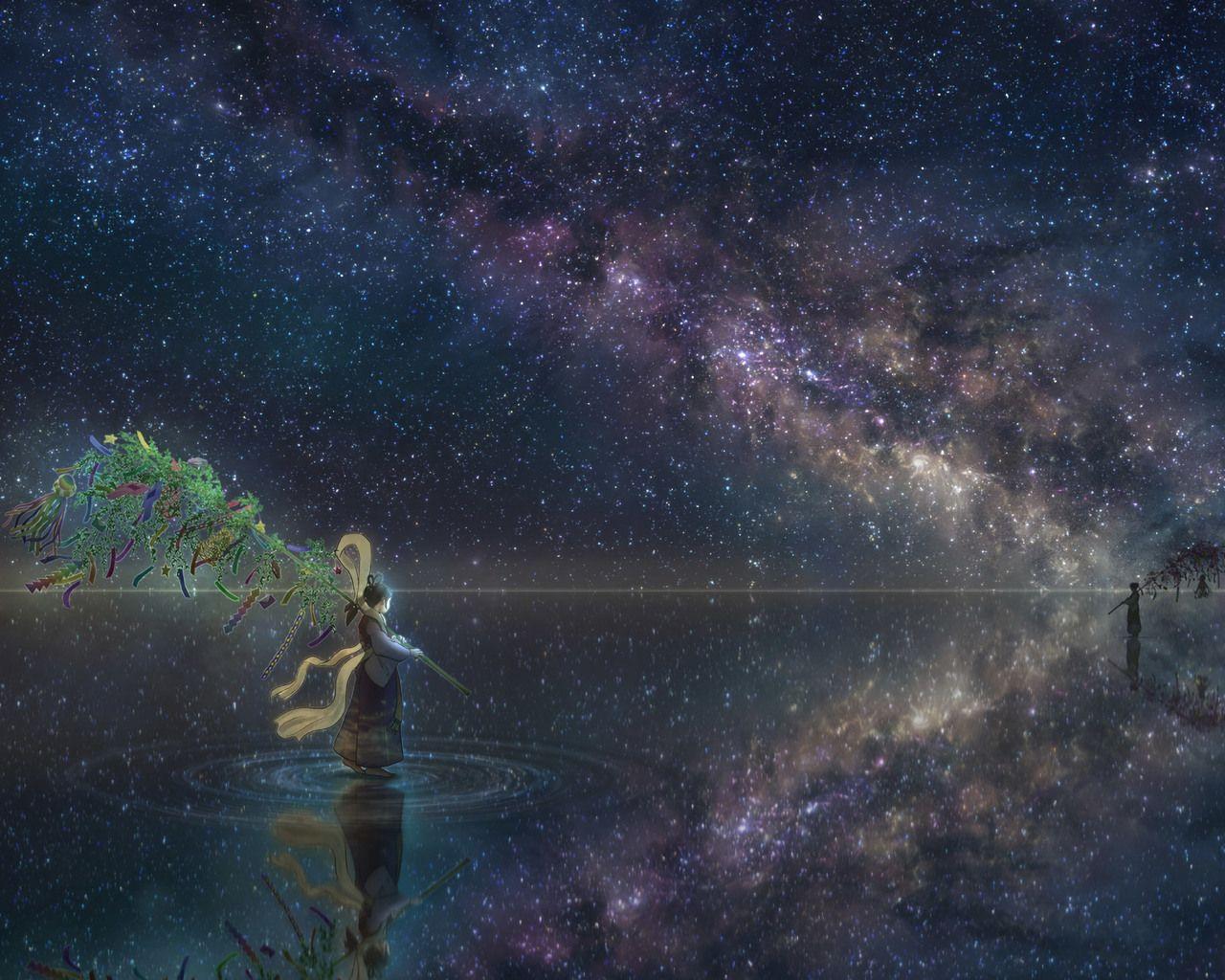 1280x1024 Anime Girl Horizon Night Reflection Stars