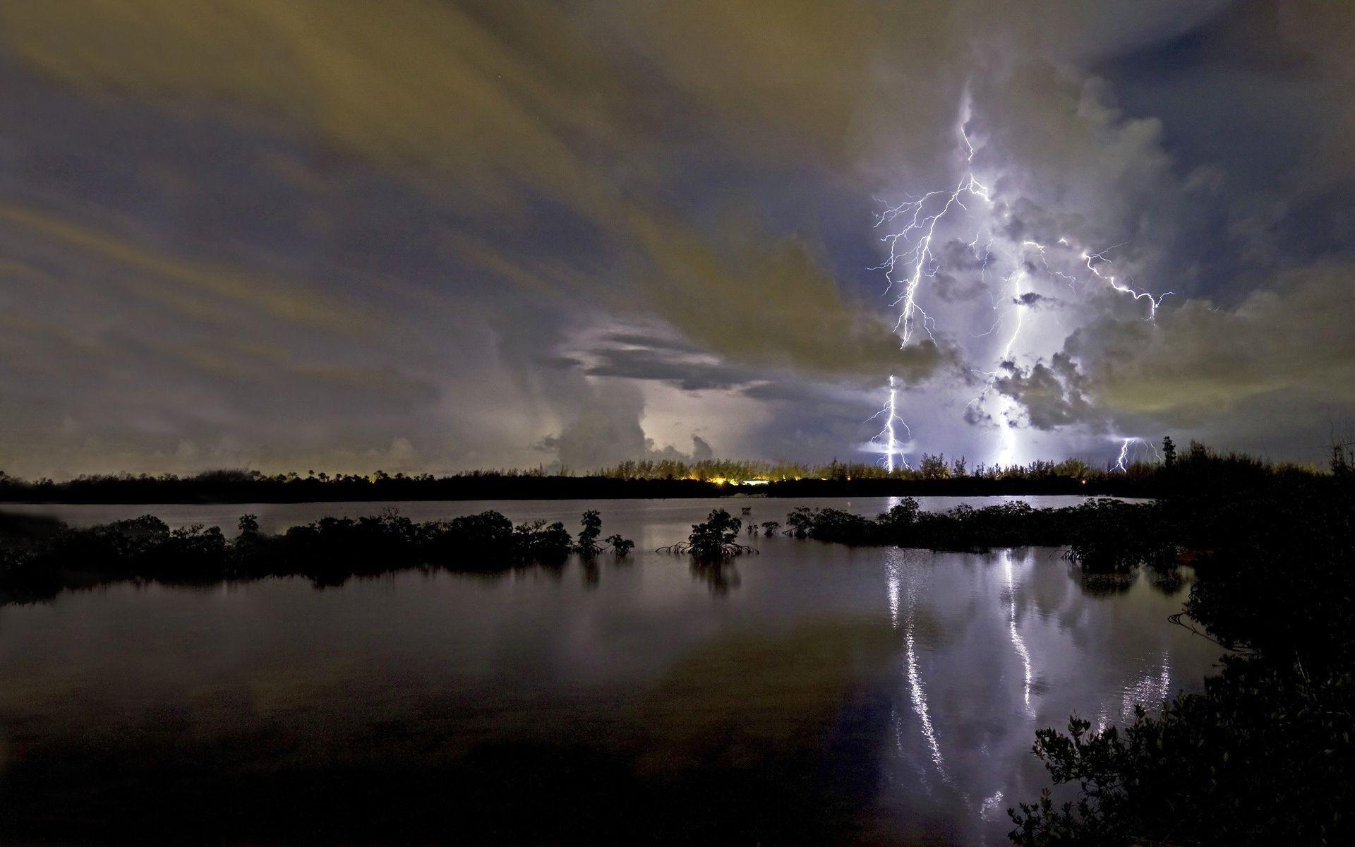 1920x1200 Sky pond Lake night dal horizon lightning