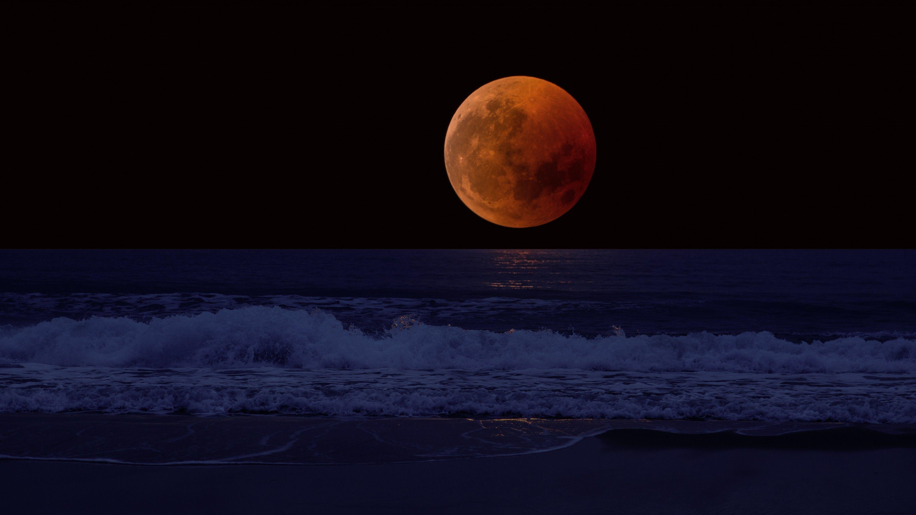 3840x2160 Download 3840x2160 Full Moon Eclipse, Horizon, Night, Waves