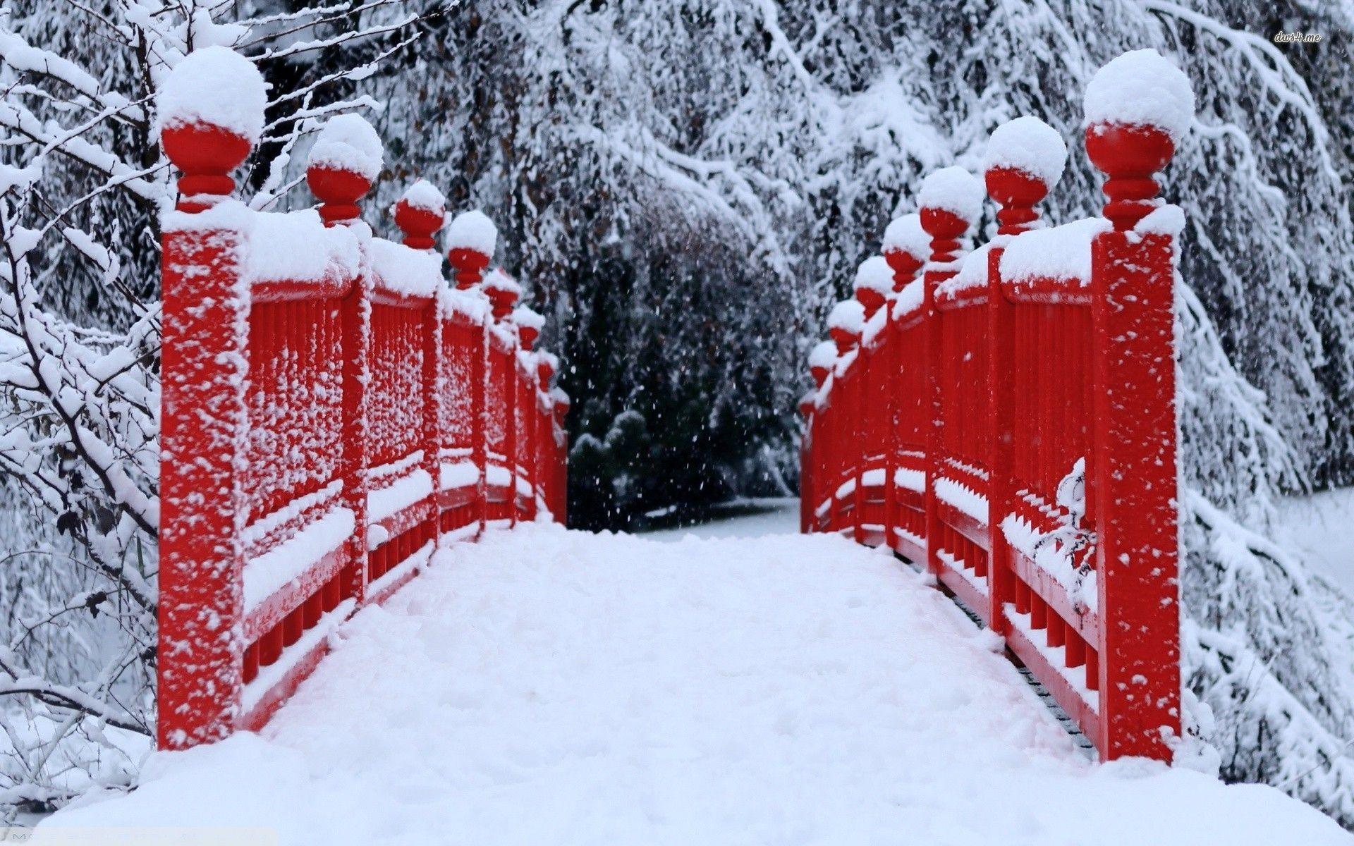 1920x1200 Red bridge in winter wallpaper wallpaper