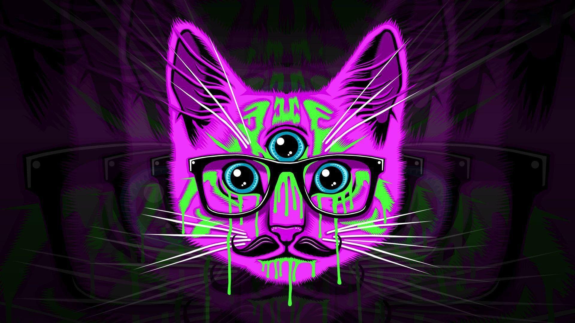 1920x1080 Psychedelic Cat Hipster Glasses Mustache Wallapers Desktop