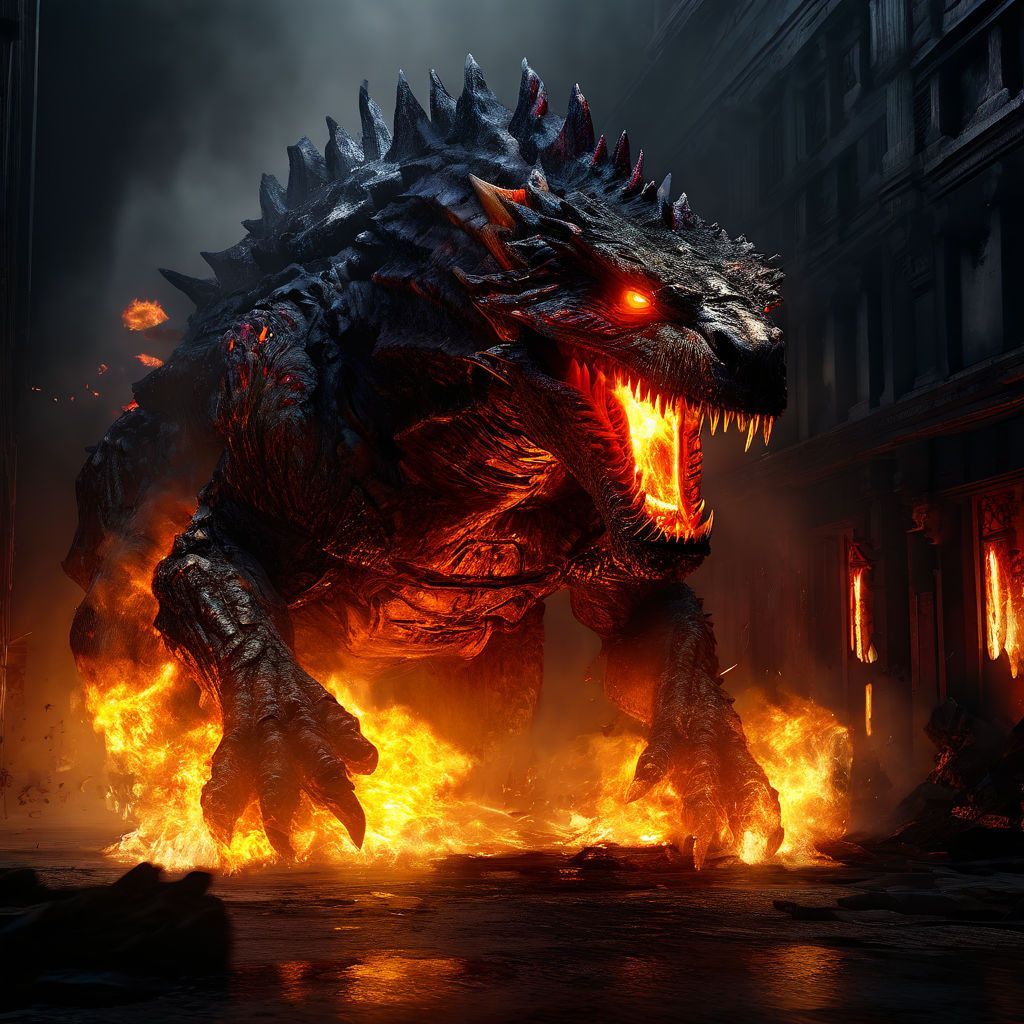 1024x1024 cute baby godzilla breathes fire