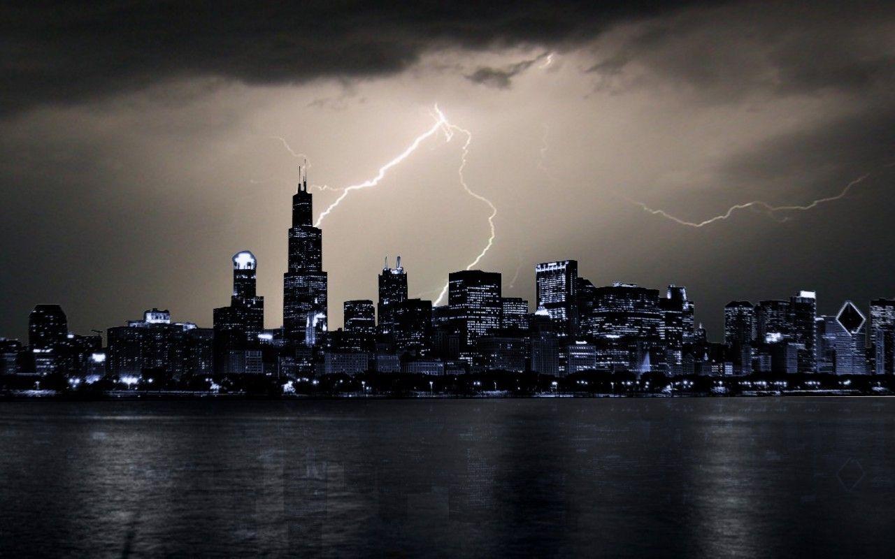 1280x800 Chicago rain storm lightning cities Wallpaper free desktop