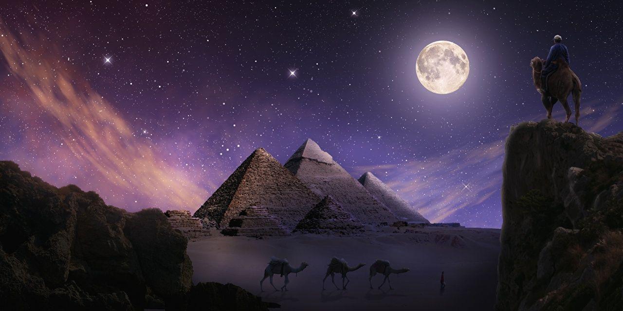 1280x640 image Camels Egypt Giza Crag Desert Fantasy Moon Pyramid Night