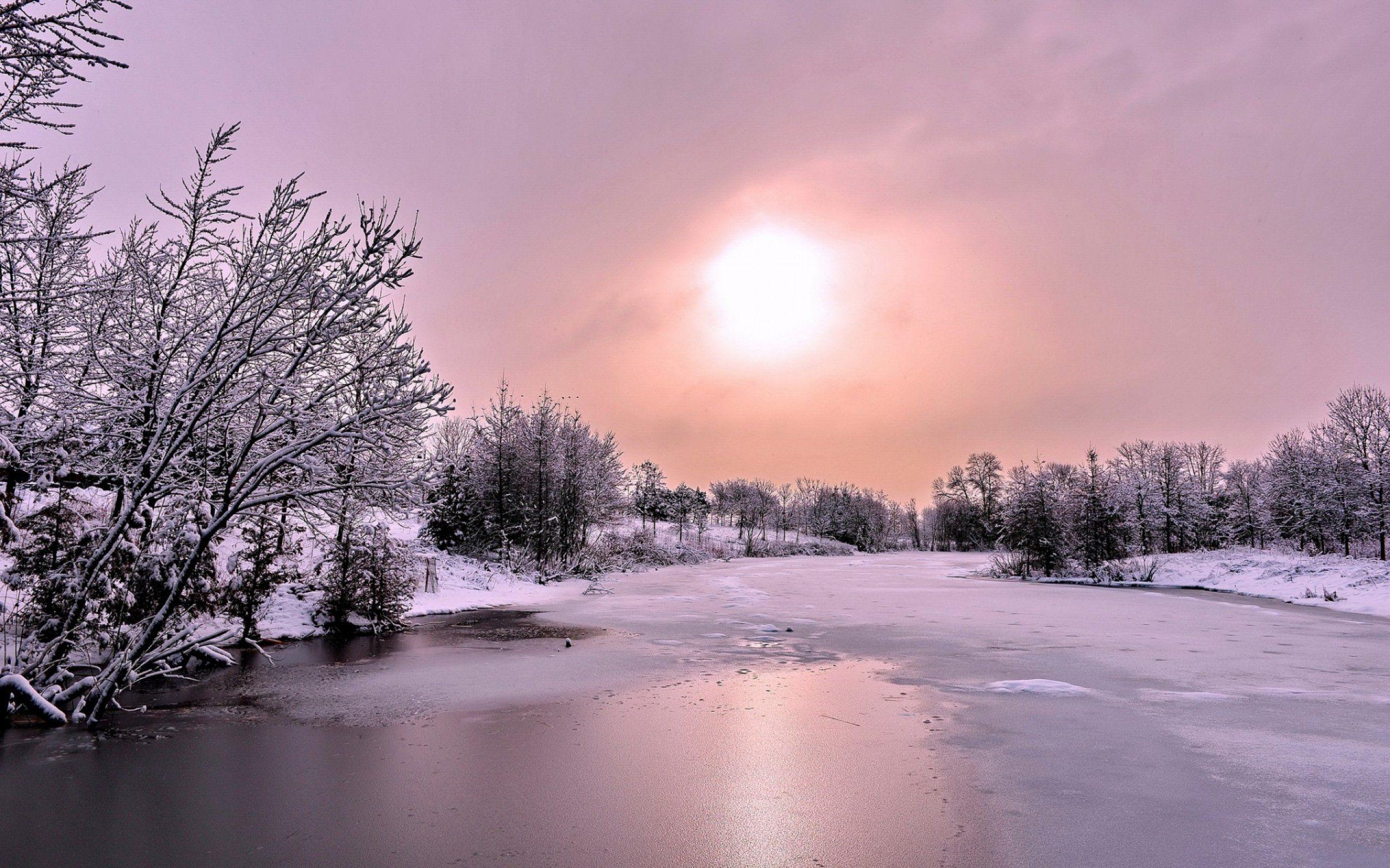 2560x1600 River Snow Winter Sun Landscape Ice frozen sunrise sunset