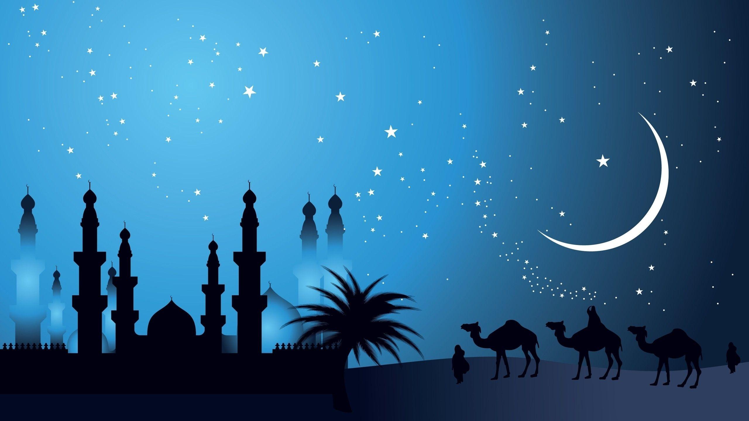 2560x1440 night desert moon silhouette camels artwork makkah caravan