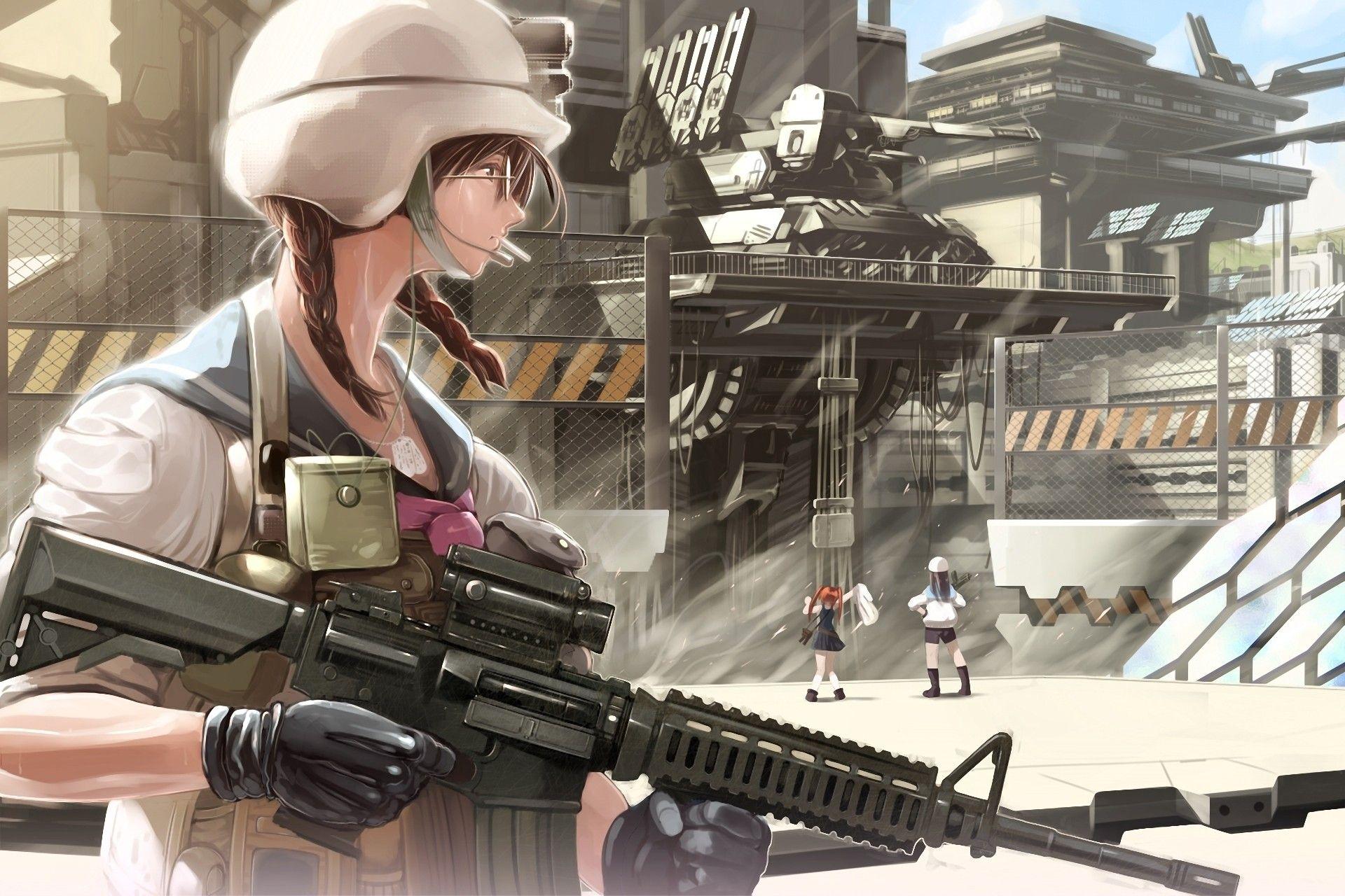 1920x1280 women, war, guns, artwork, anime wallpaper