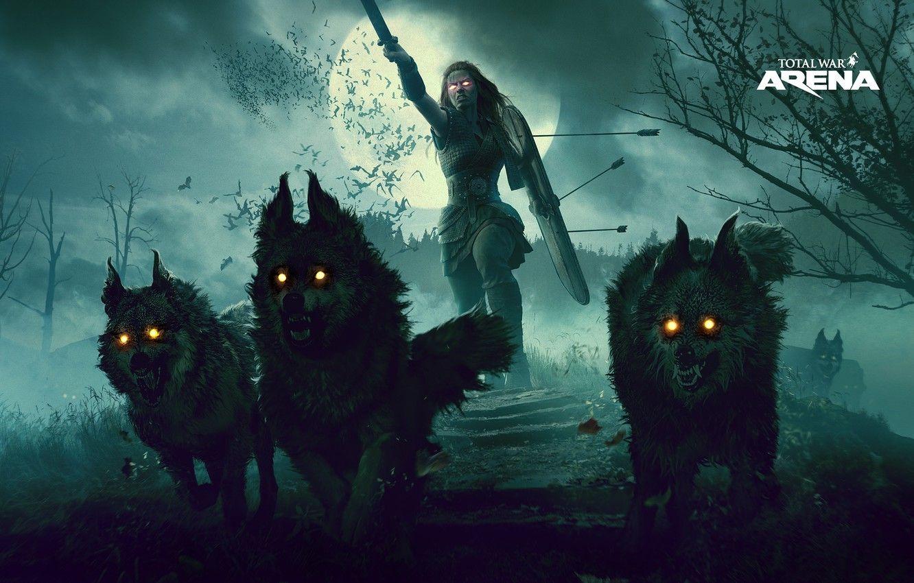 1332x850 Wallpaper dark, moon, sword, wolf, total war, wolves, shield