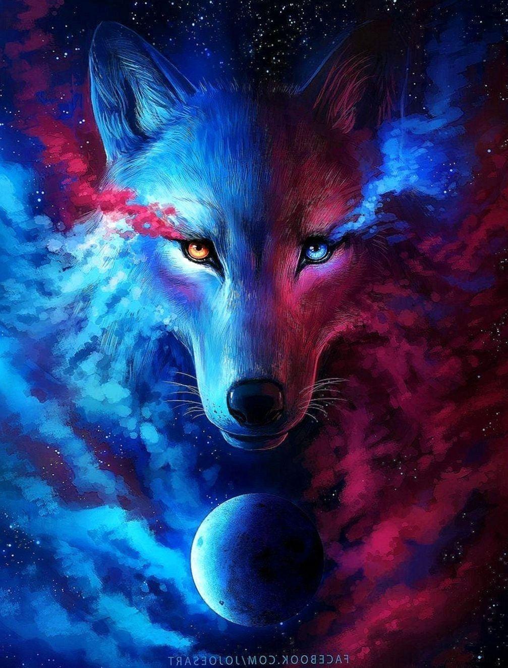 Hình nền chó sói màu xanh và đỏ 1007x1323 Hình nền chó sói.
