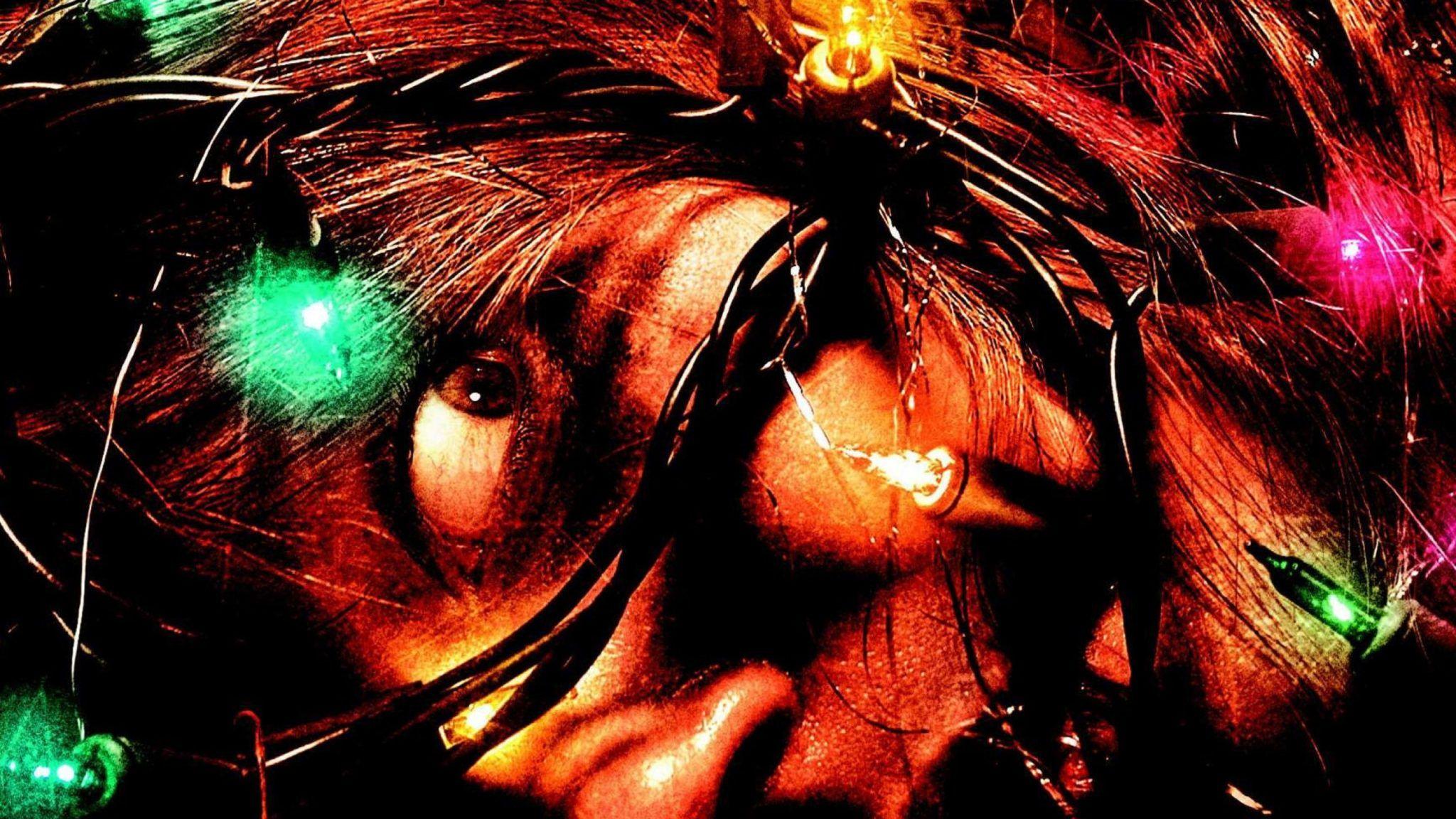 2048x1152 Black Christmas Face Fear Garland Bulbs Horror Wallpaper