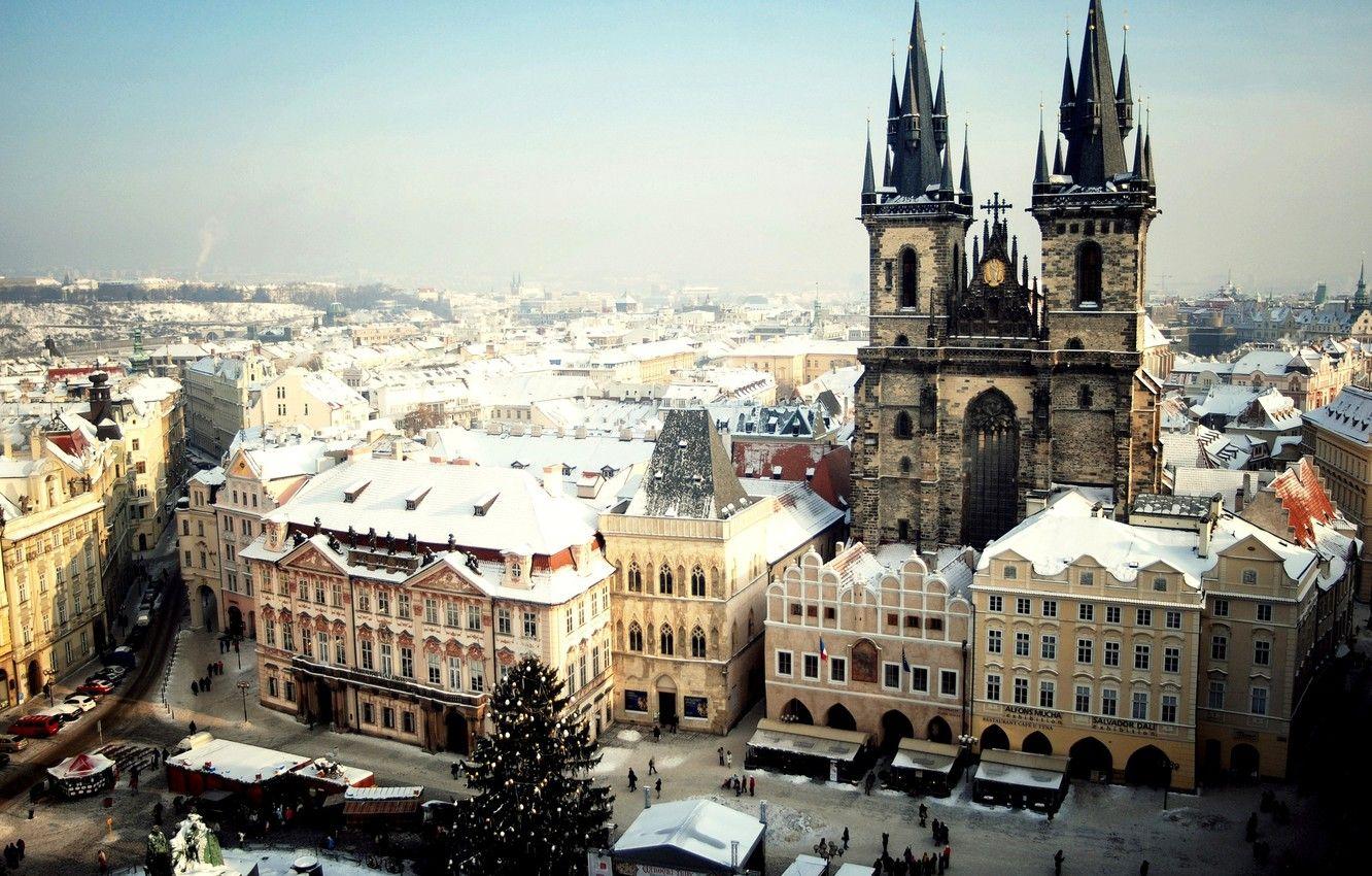 1332x850 Wallpaper winter, snow, the city, people, tree, Prague