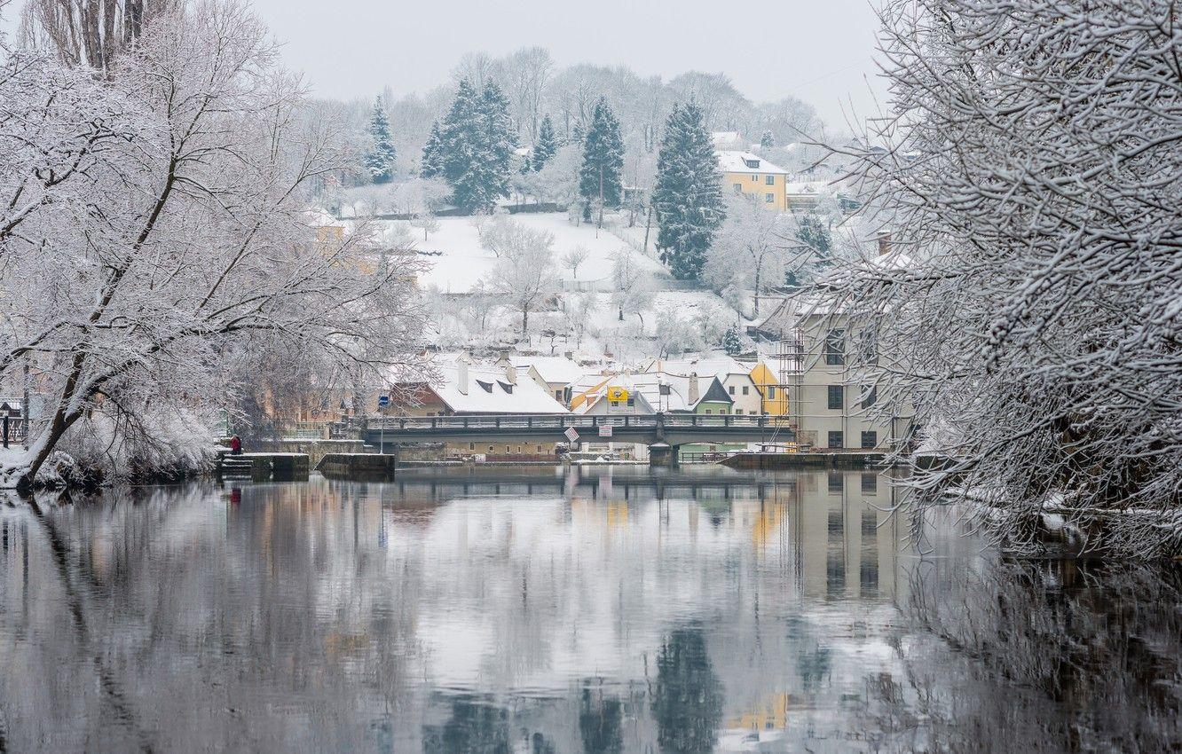 1332x850 Wallpaper winter, snow, trees, river, Prague, Czech Republic