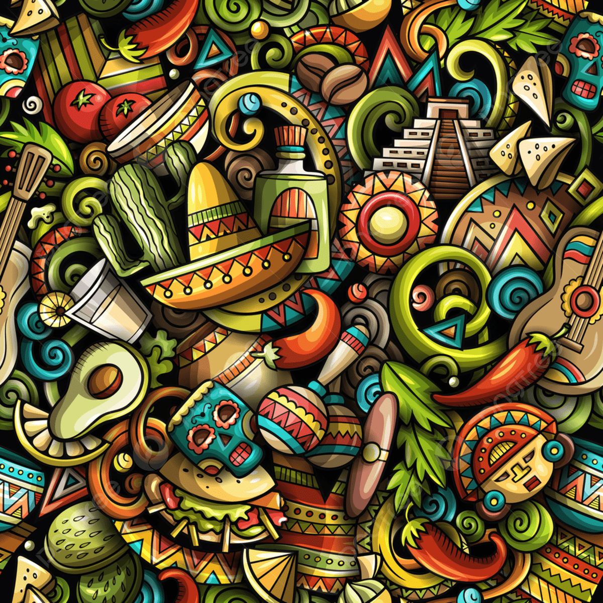 1200x1200 Cartoon Doodles Mexico Seamless Pattern