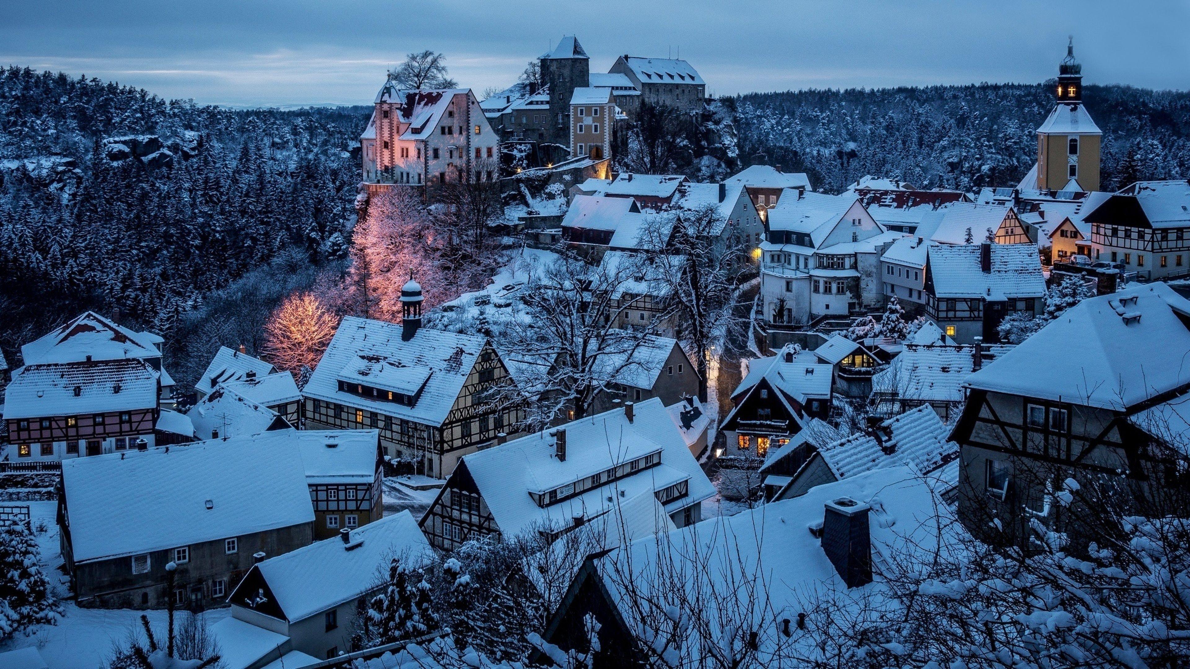 3840x2160 Hohnstein City Germany In Winter Snow Hình nền 4K