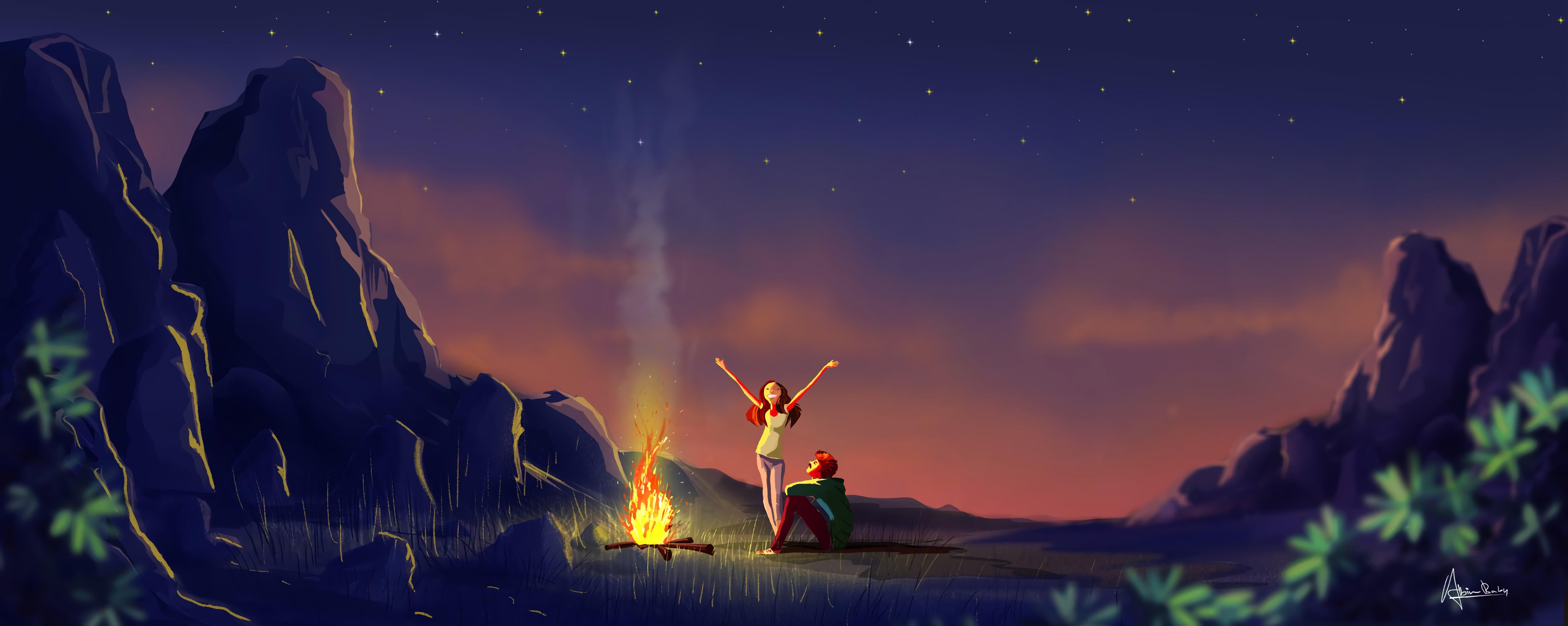 7680x3068 wallpaper couple, bonfire, art, night, camping HD