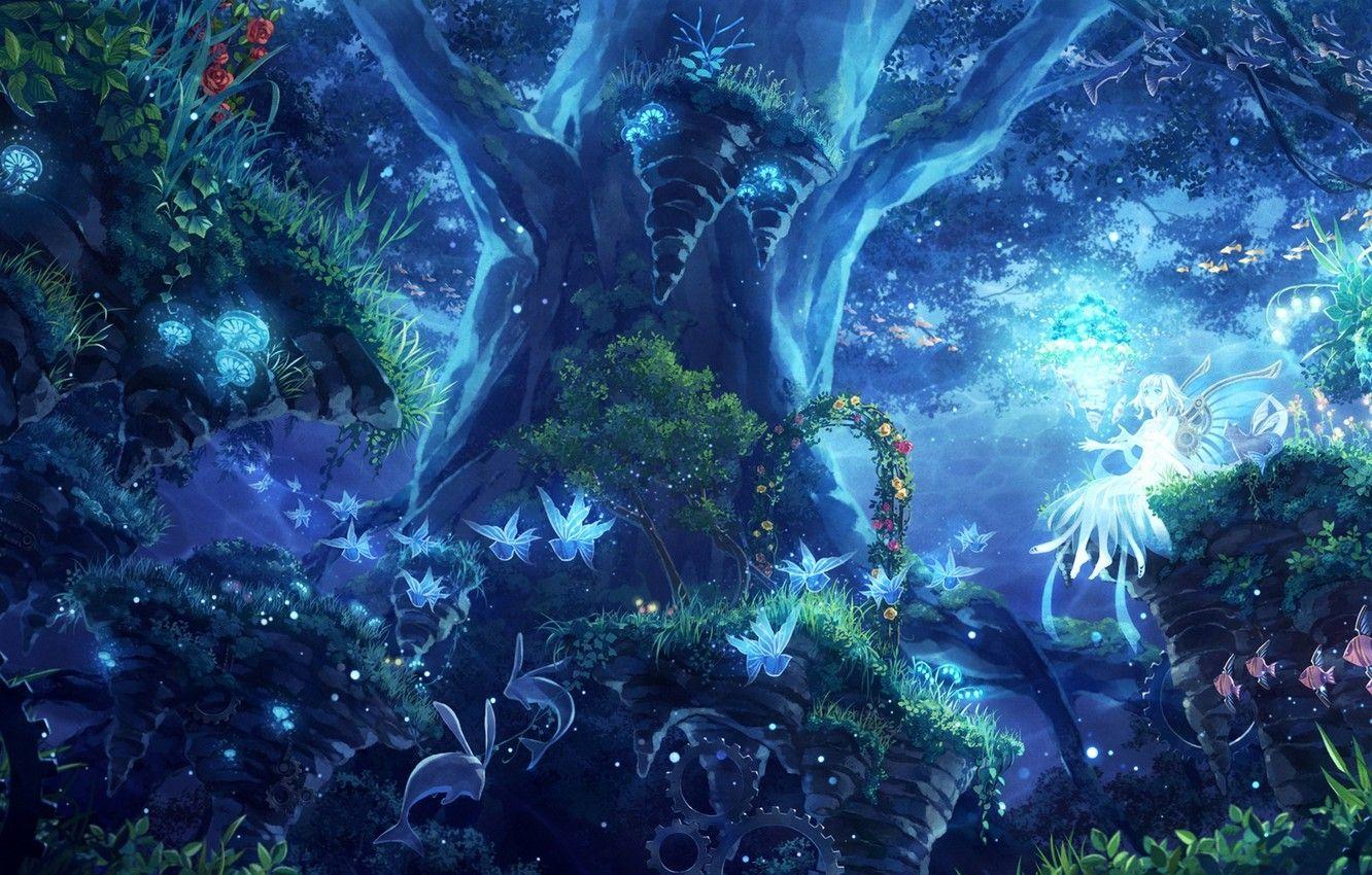 1332x850 Wallpaper forest, girl, trees, fish, flowers, night, nature