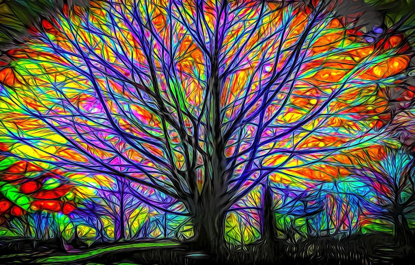 1332x850 Wallpaper night, rendering, tree, branch, glow, picture