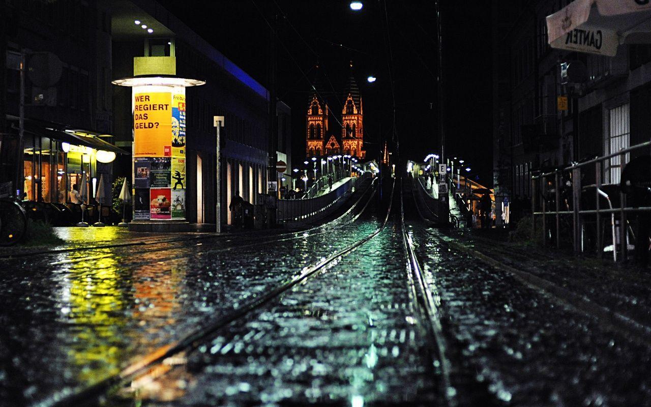 city night lights rain